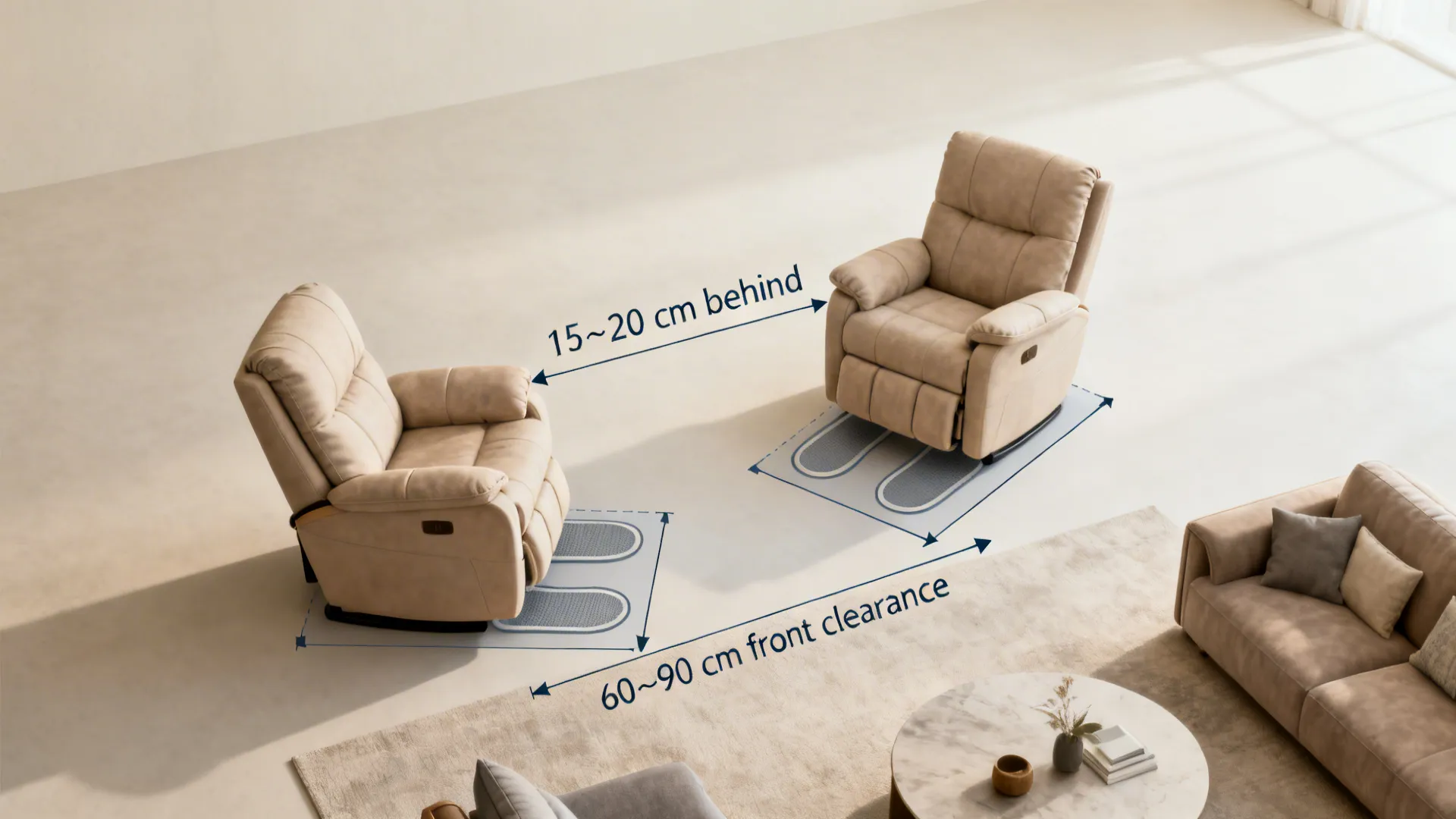 Top-down mockup showing recliner clearance zones and measurement guidelines for small living rooms.