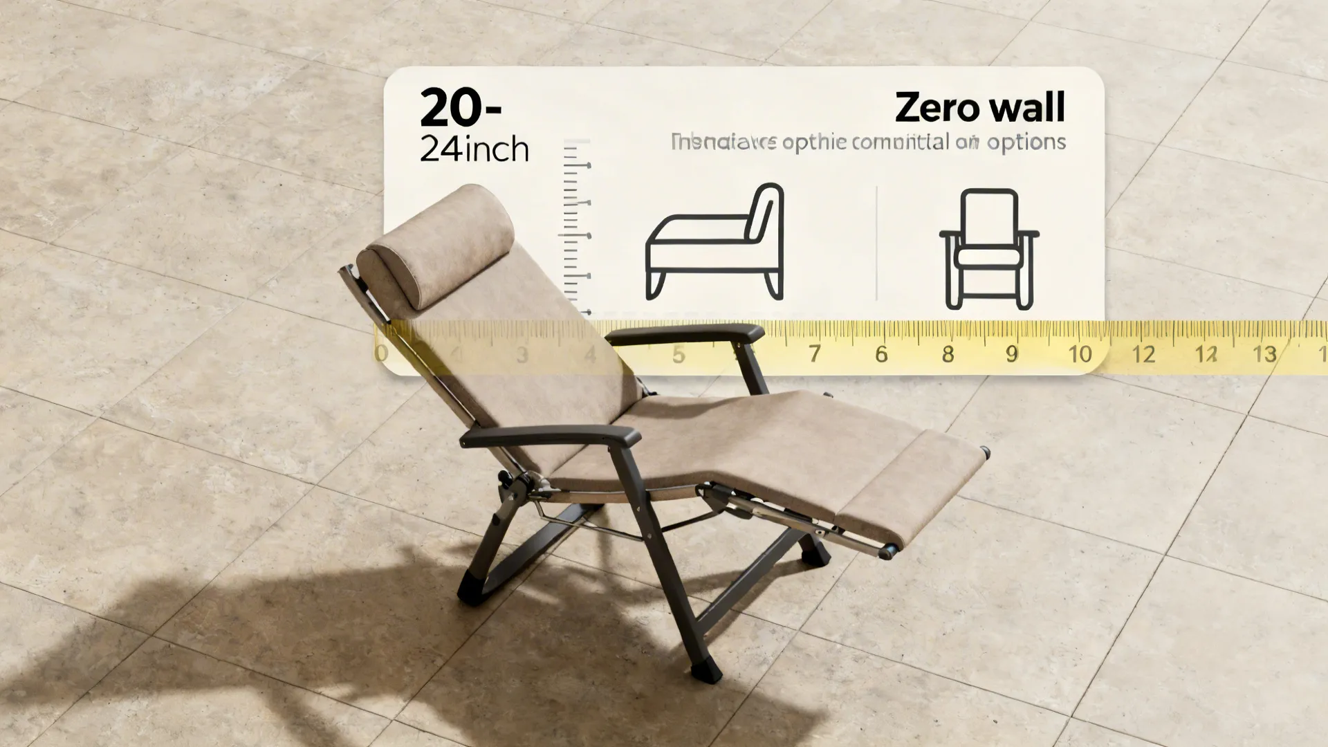 Top-down view floorplan showing required 20–24 inch clearance behind a fully reclined chair