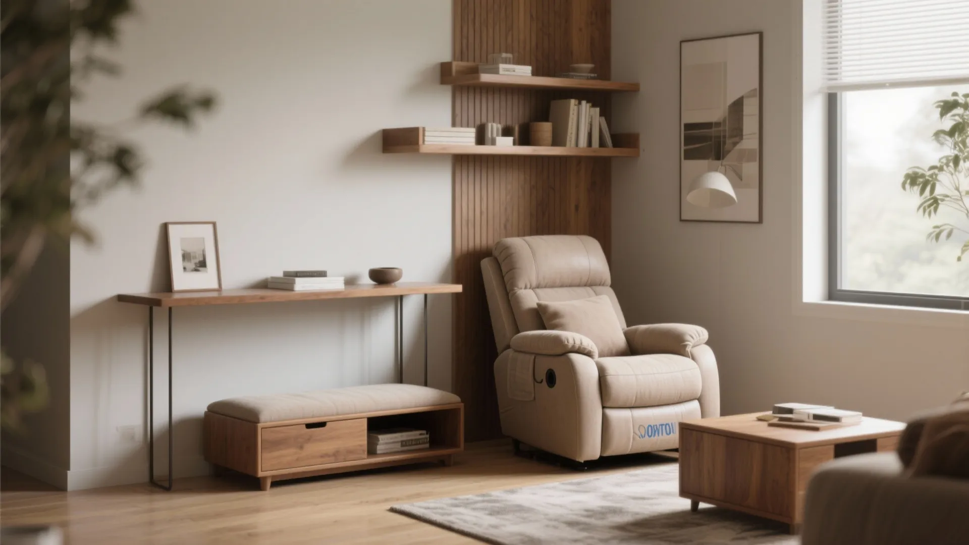 Cozy living room corner featuring beige recliner chair wooden wall shelves console table and soft rug