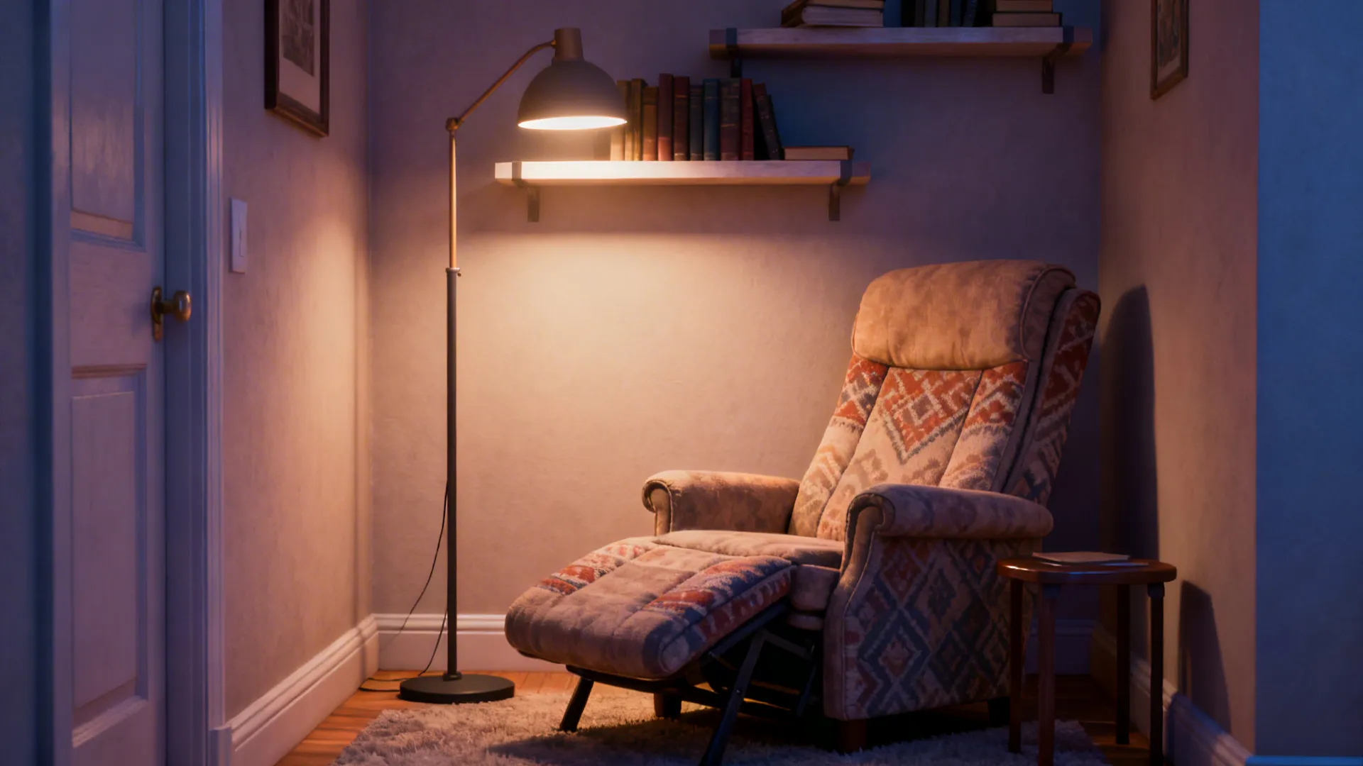 Angled recliner in a cozy corner with floor lamp and floating shelf creating a reading nook