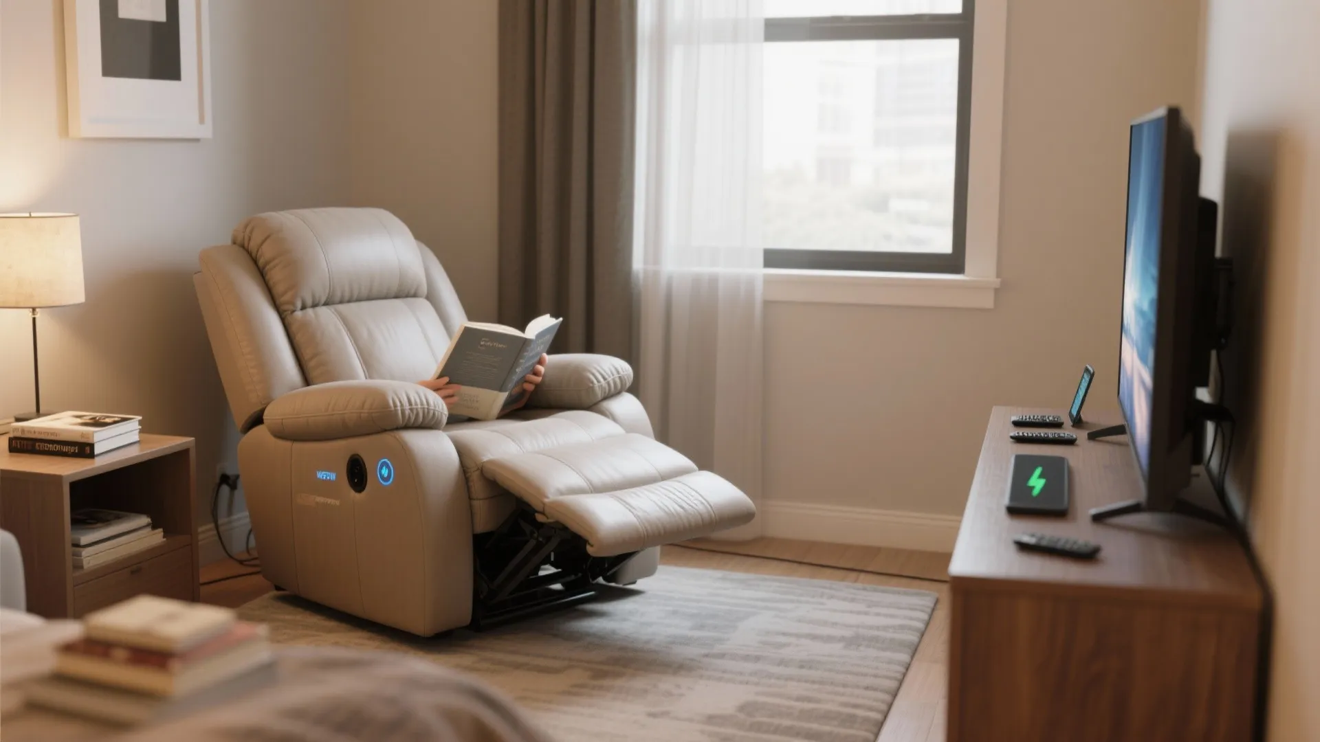 Leather recliner chair in cozy living room with a person reading a book near window