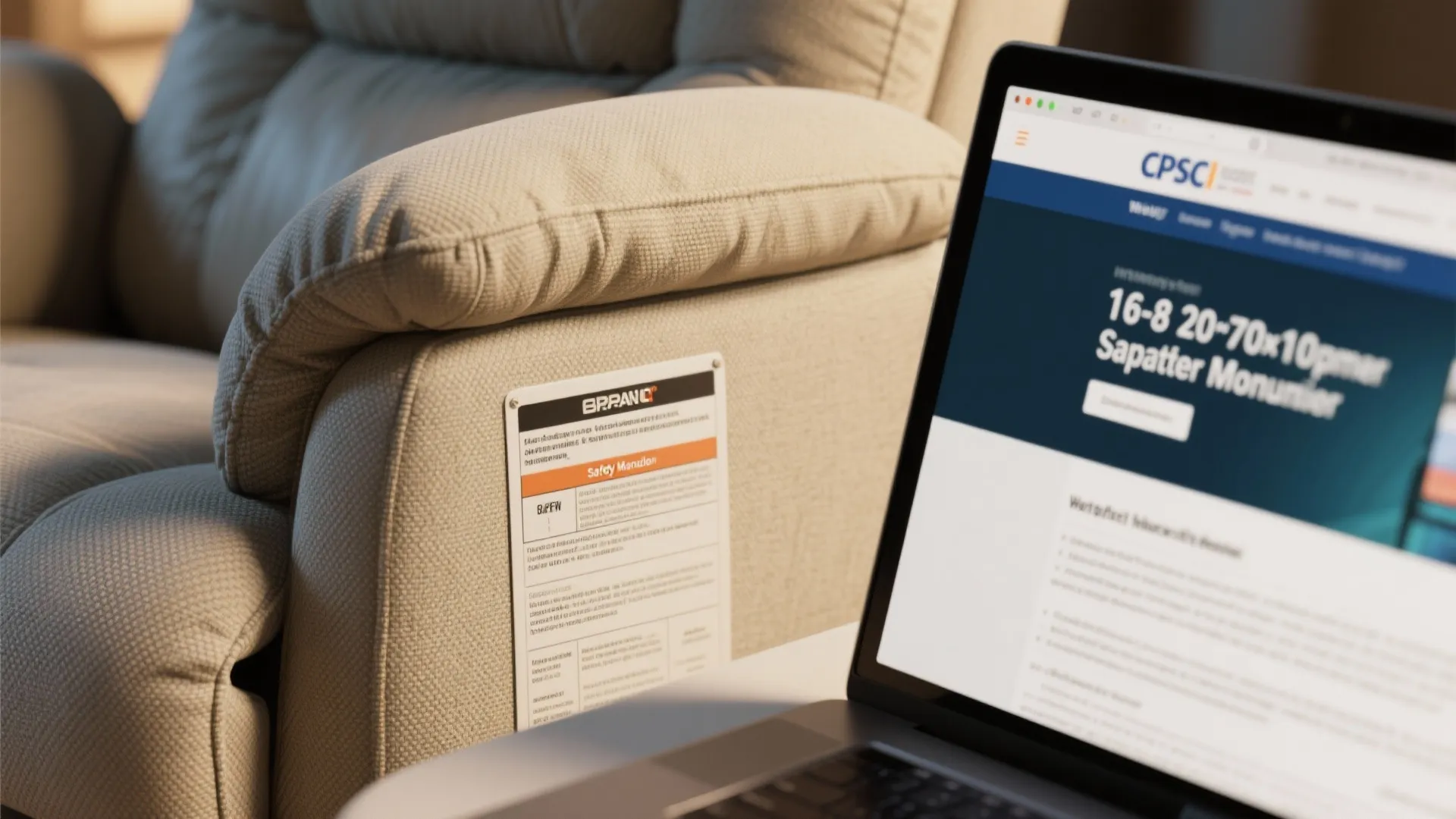 Close-up of a recliner spec label, safety manual, and a laptop open to a safety advisory page.