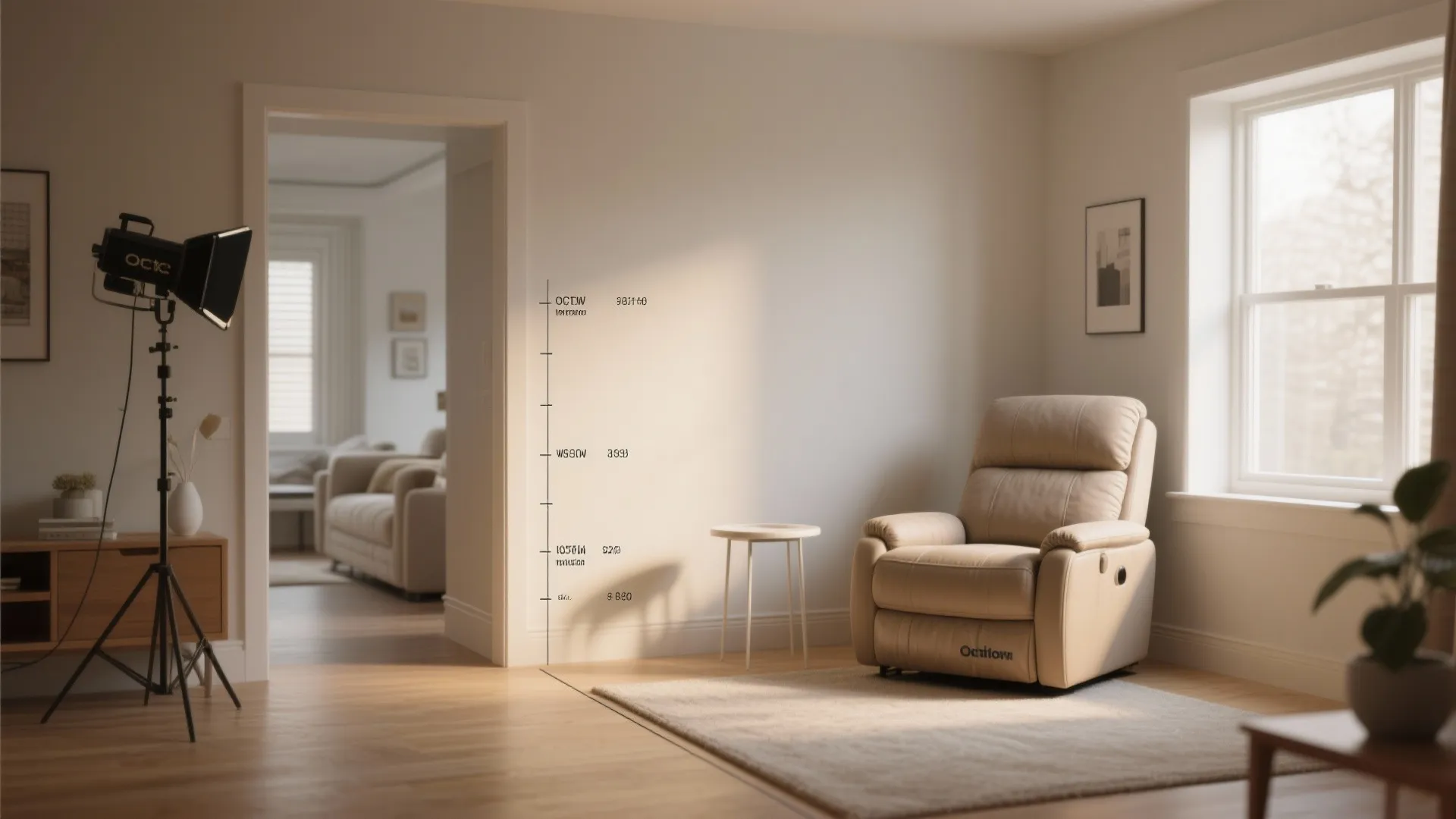 Beige leather sofa in a bright living room with wooden floors and a side table