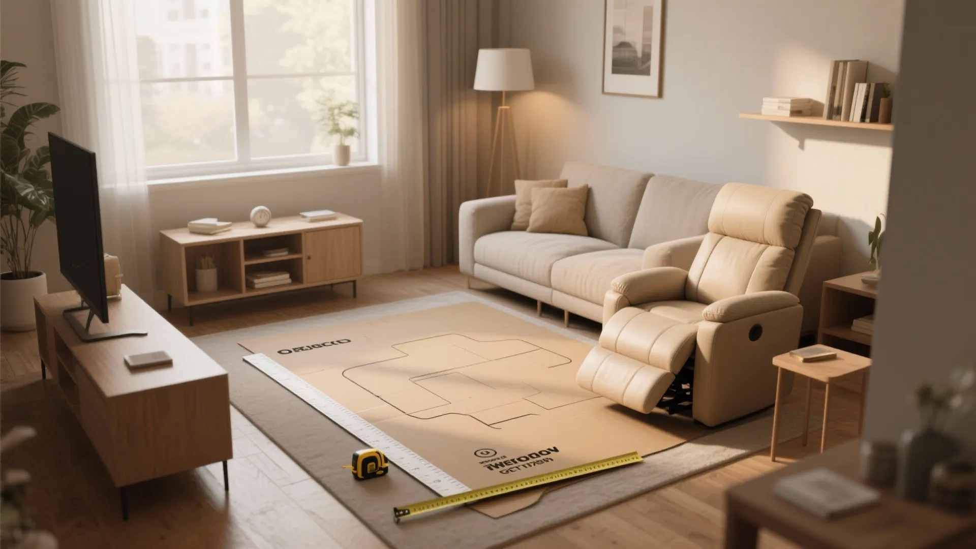 Modern living room with beige sofa floor lamp television cabinet and cardboard floor plan layout