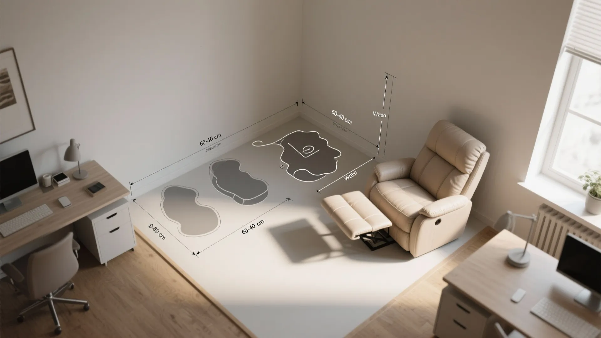 Interior design drawing showing room layout measurements and clearance space for a cream reclining sofa chair