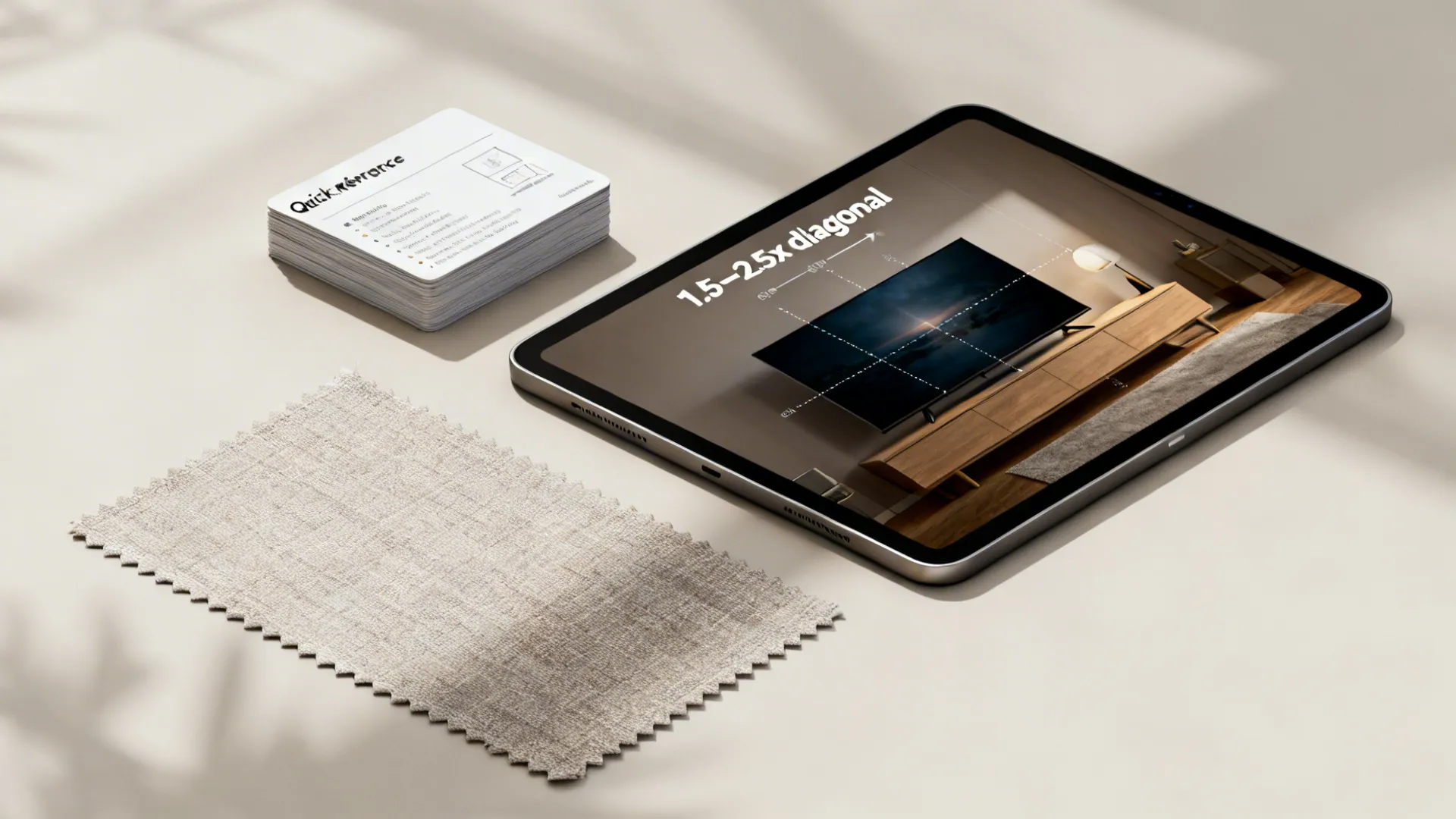 Tablet showing television viewing distance guide with fabric swatch and stack of quick reference cards