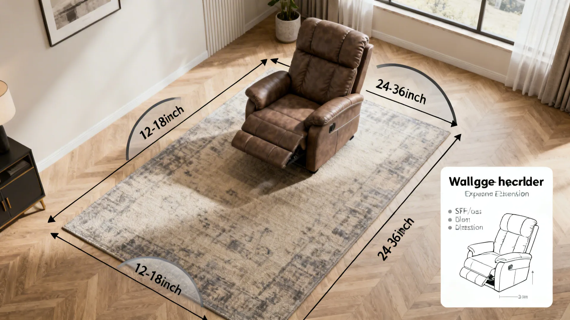 Top-down layout infographic showing recliner clearance arcs, rug sizing, and spacing guidelines.