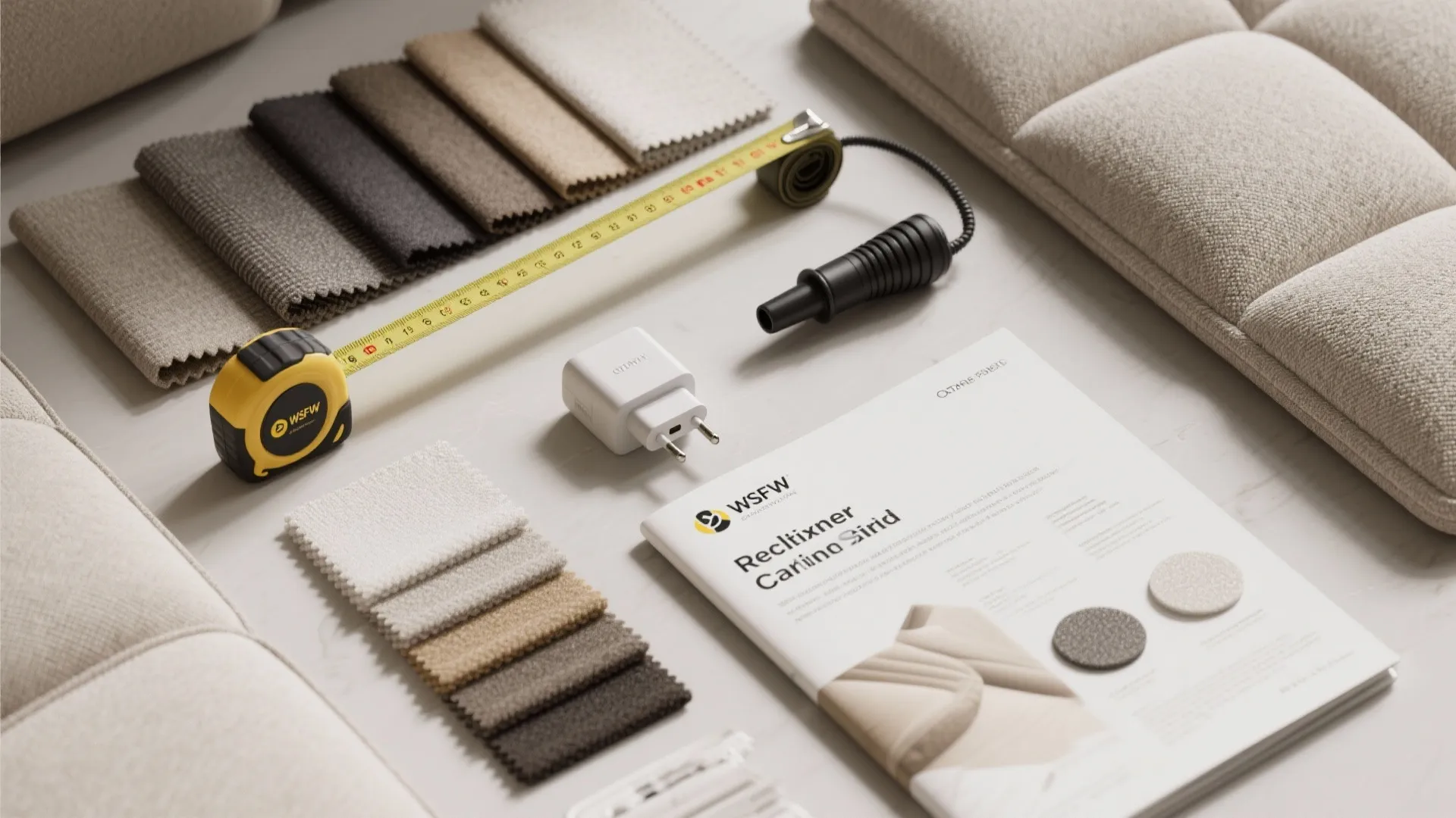 Fabric color samples with tape measure and white paper manual for customized living room sofa