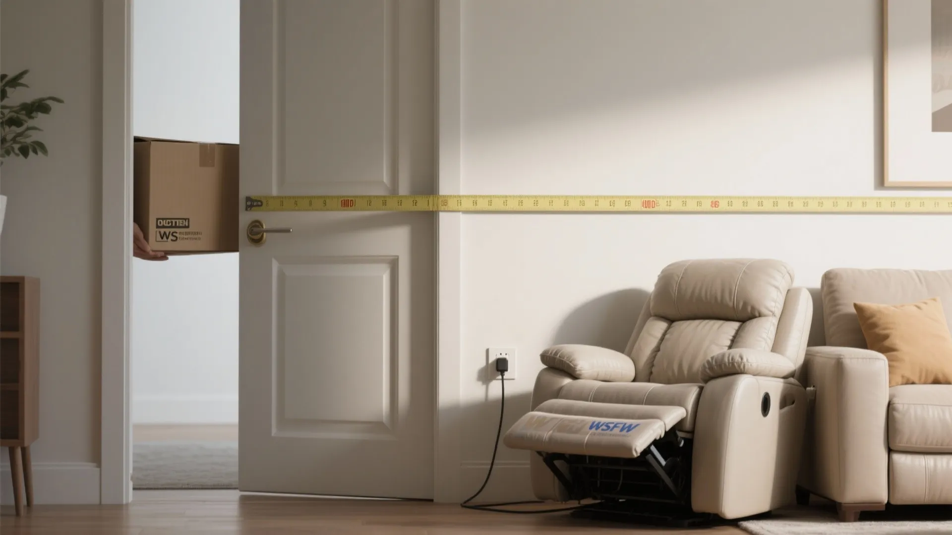 Measuring a white door with yellow tape measure next to a beige sofa in room