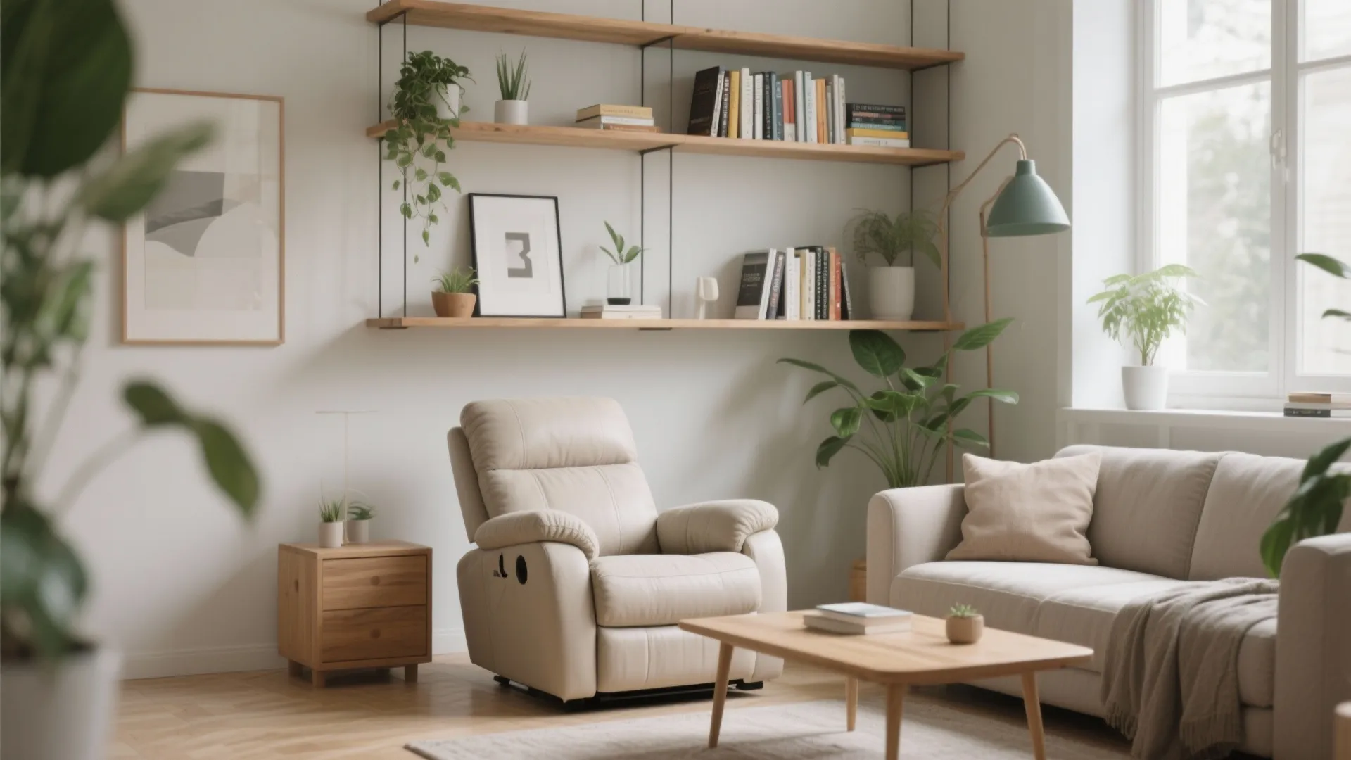 Recliner with floating wooden shelves for books and decor
