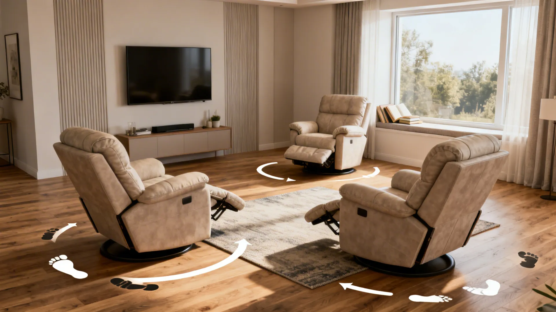 Three recliners arranged to create flow with marked recline footprints and a reading nook by the window.