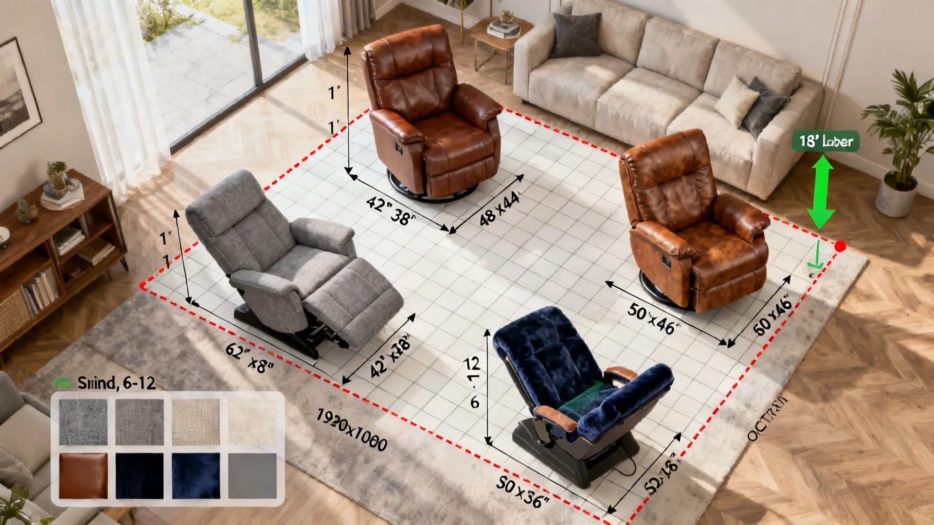 Top-down layout illustrating recliner footprints, clearances, and upholstery swatches for small living rooms.