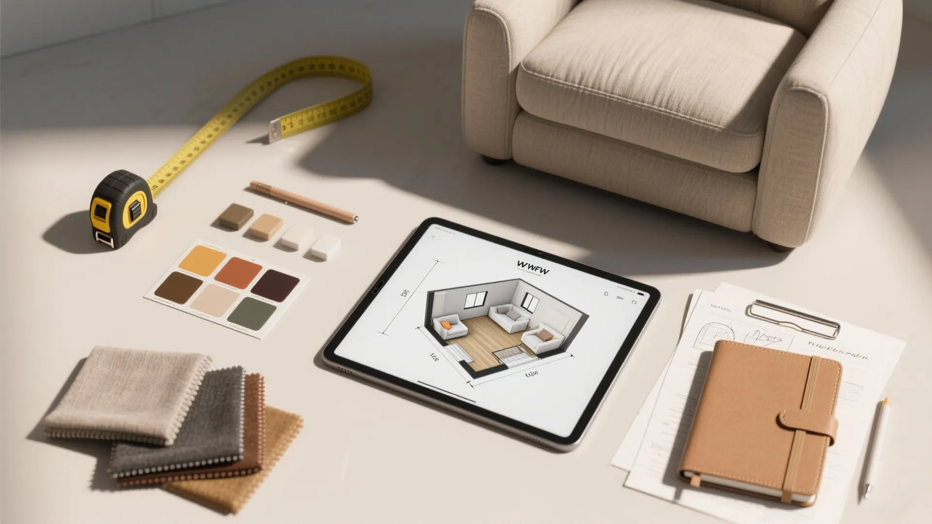 Tablet showing interior design drawing surrounded by measuring tape color palette and fabric material samples