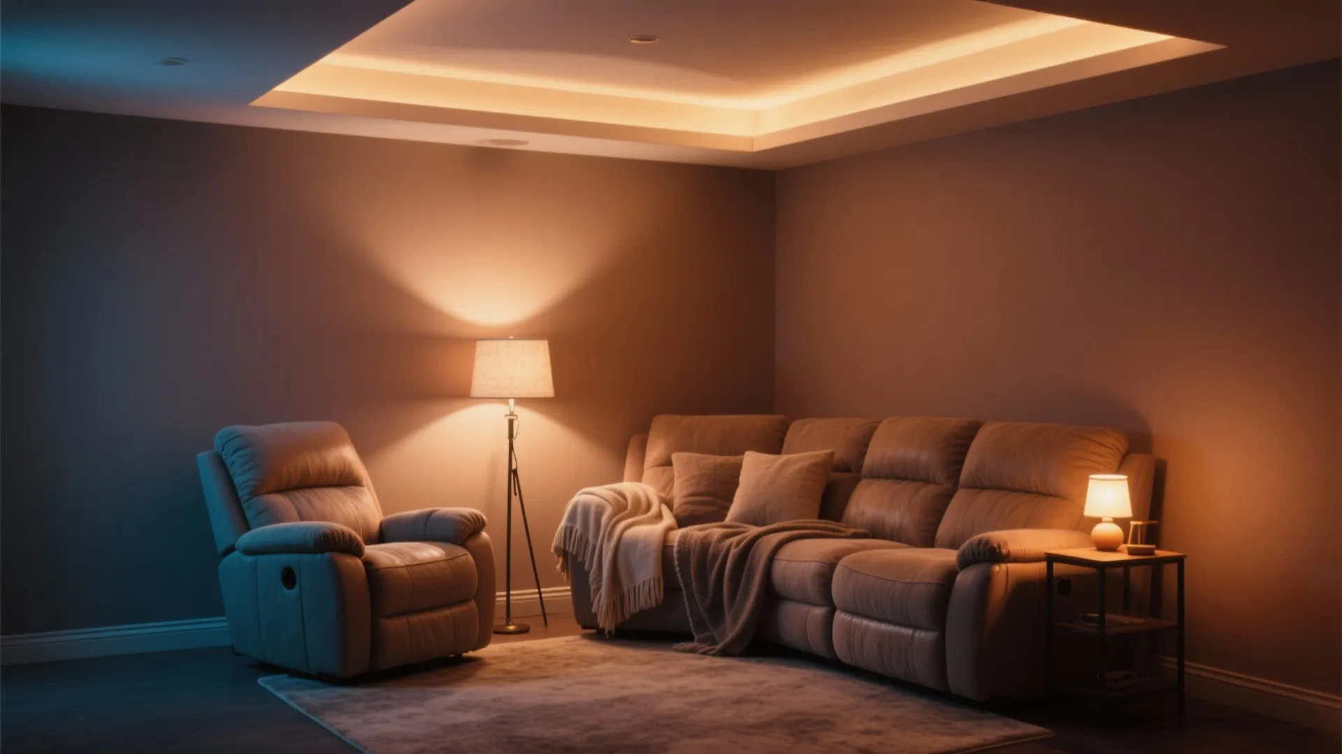 Cozy recliner corner with layered ambient and accent lighting