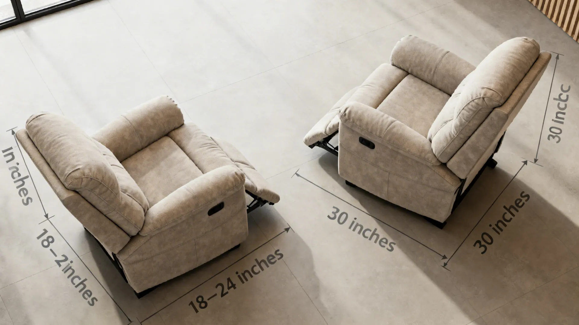 Top-down layout diagram of four recliner configurations with clearance measurements for small living rooms