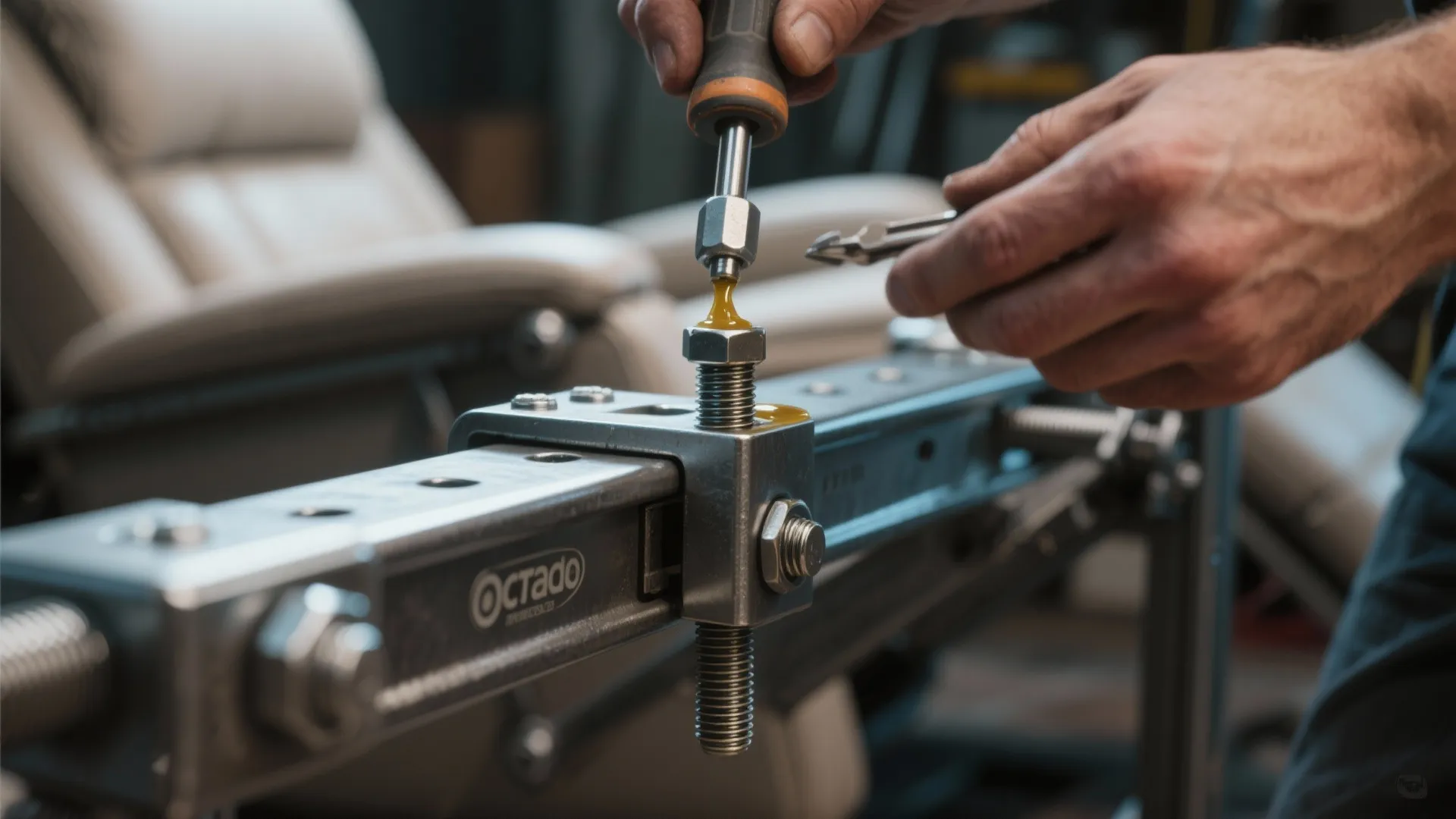 Close up shot of hands using tool to apply oil on metal recliner chair frame parts
