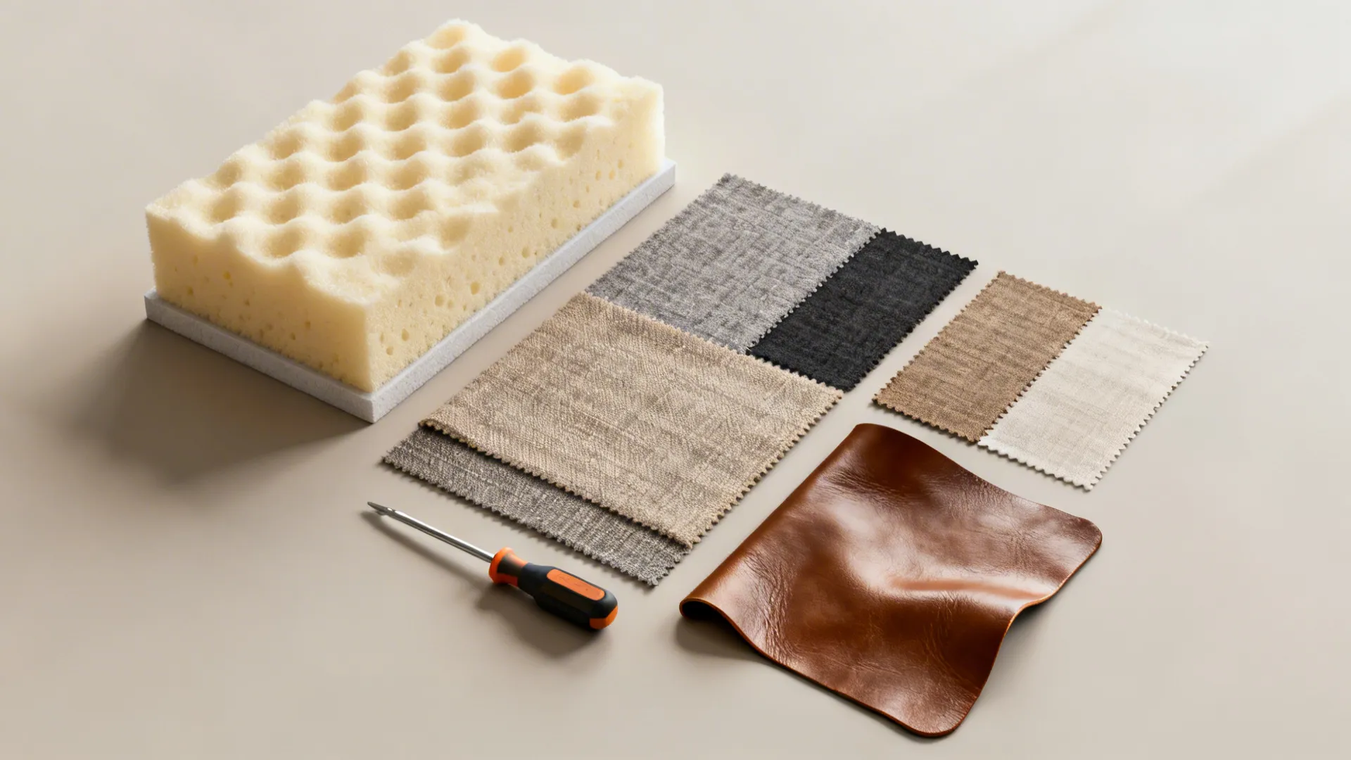 Flatlay of recliner material samples showing foam, performance fabric, leather swatch, and budget maintenance tools.