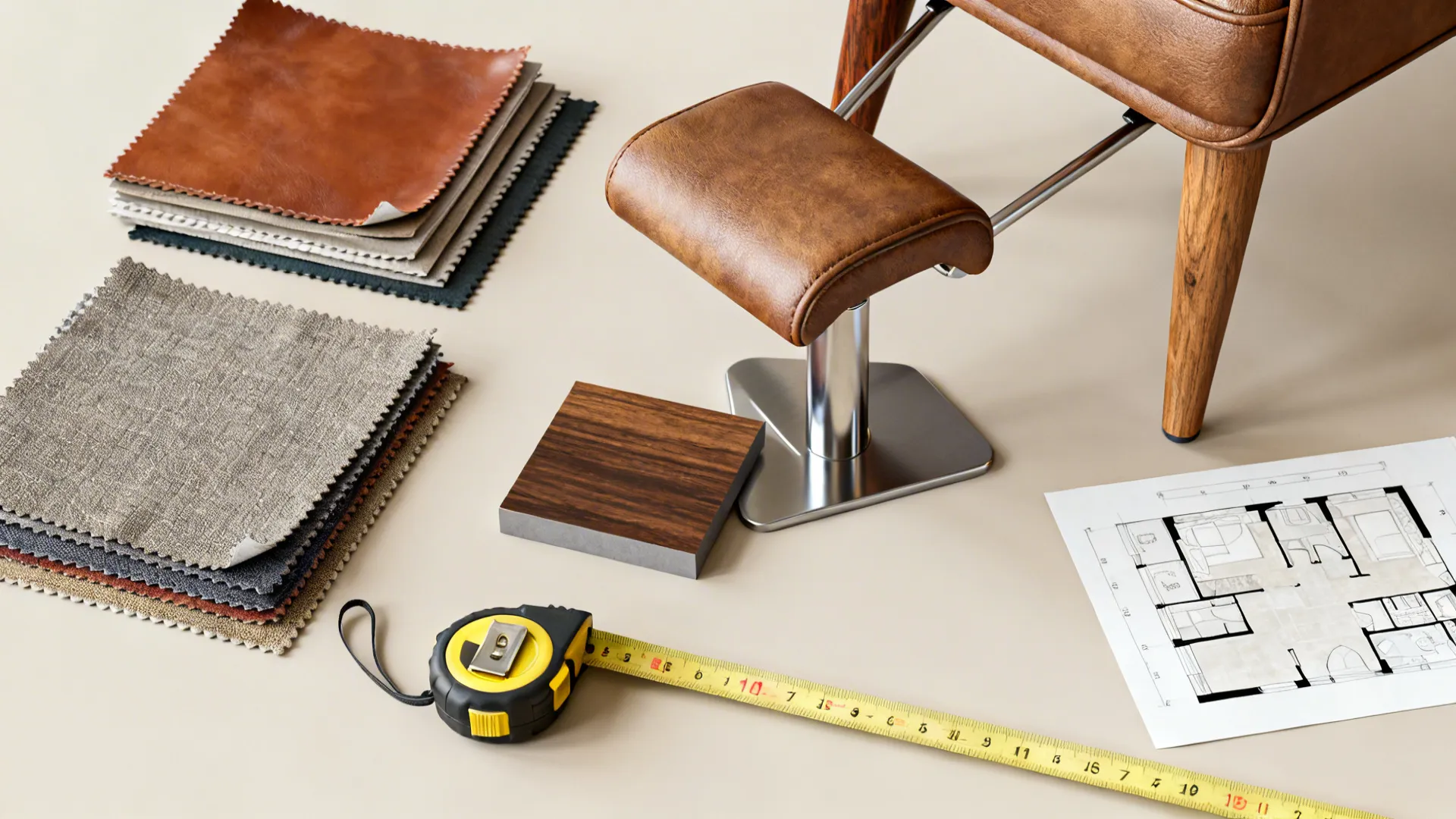 Flatlay of fabric and leather swatches, wood finishes, and a tape measure for planning recliner purchases.