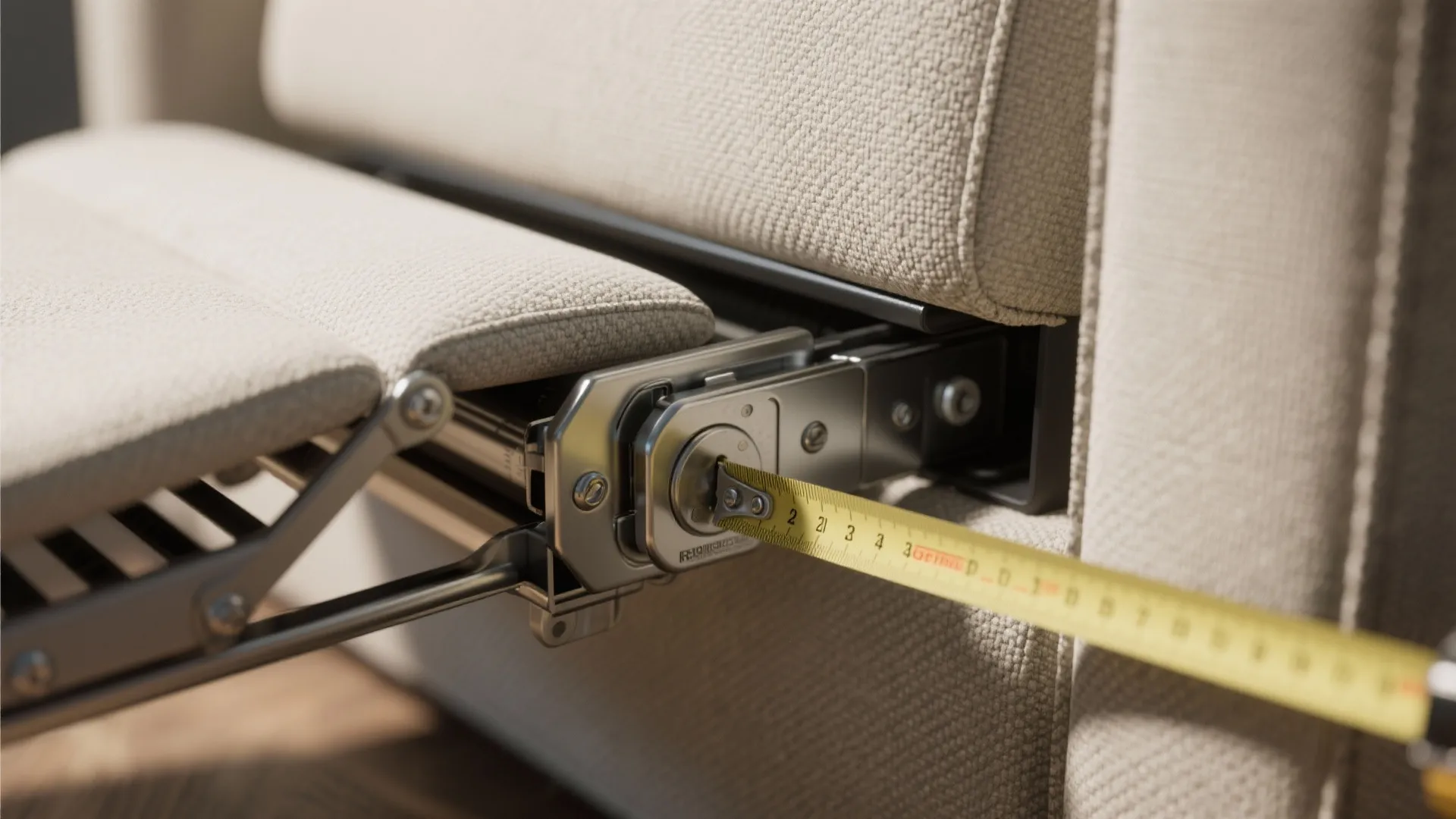 Macro detail of a recliner mechanism with a measuring tape highlighting clearance and upholstery texture.