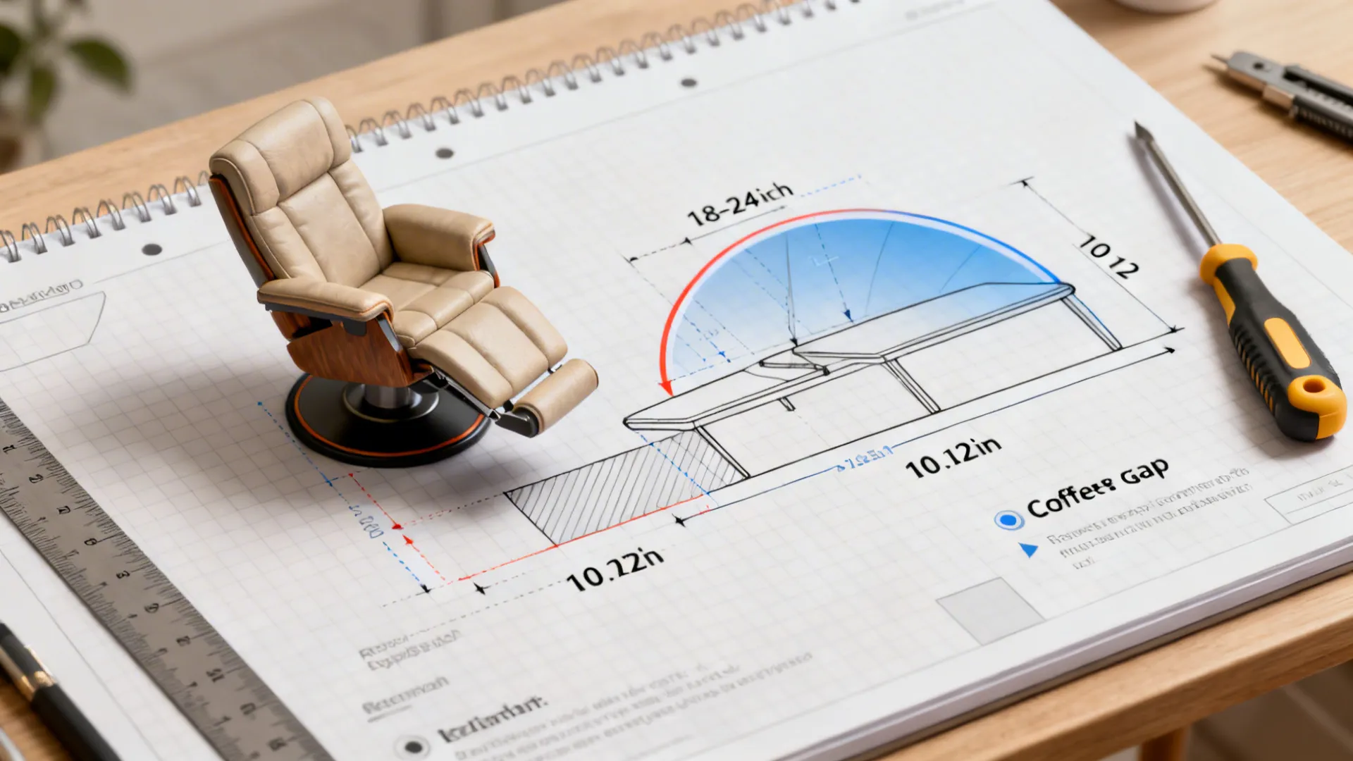 Top-down measurement guide showing clearance requirements for recliners and swivel arcs.