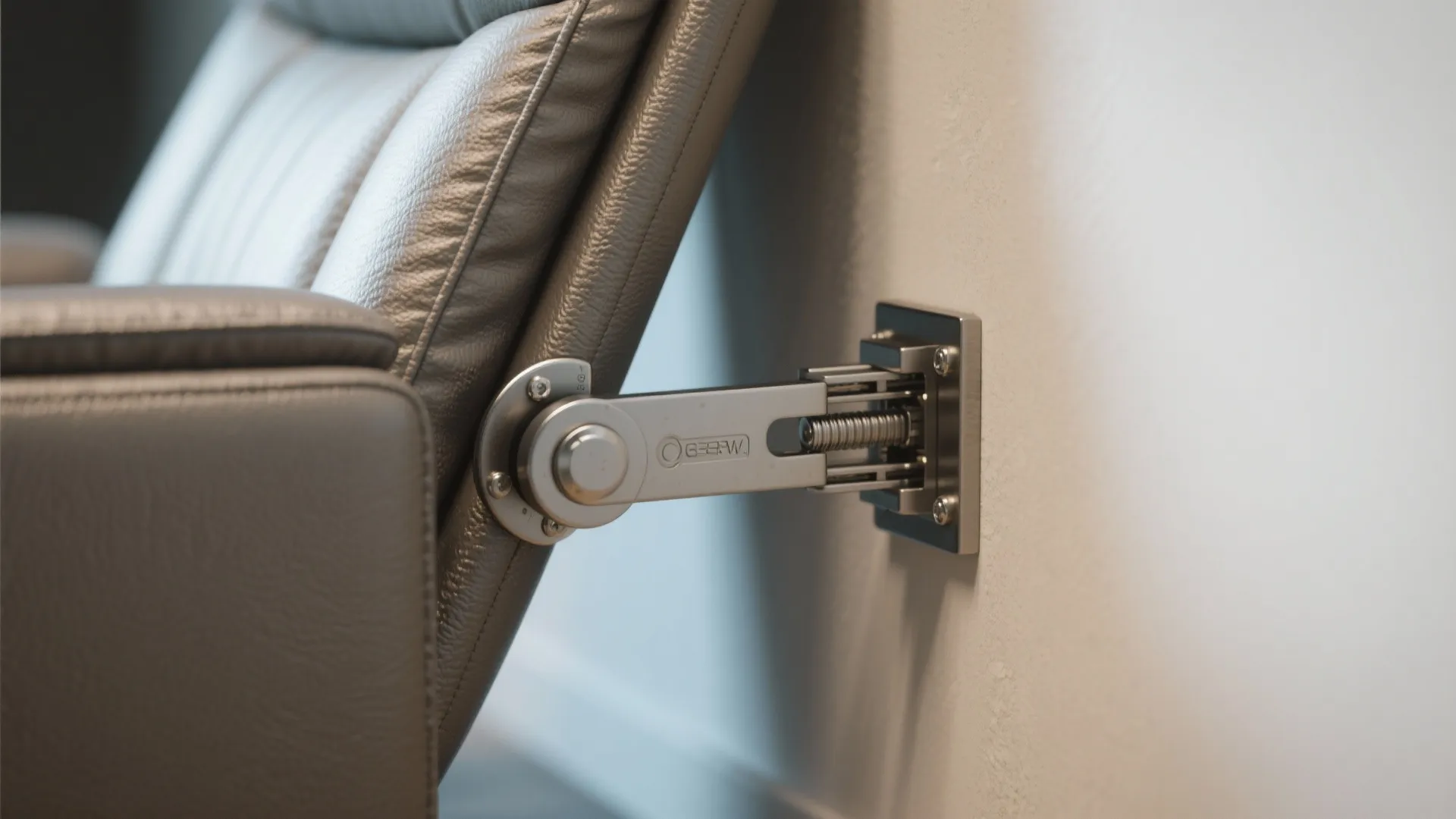 Close up of a metal hinge connecting a leather sofa back to a white wall