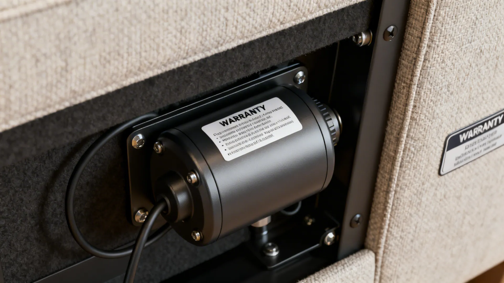 Close-up of a quiet power recliner mechanism and performance fabric sample