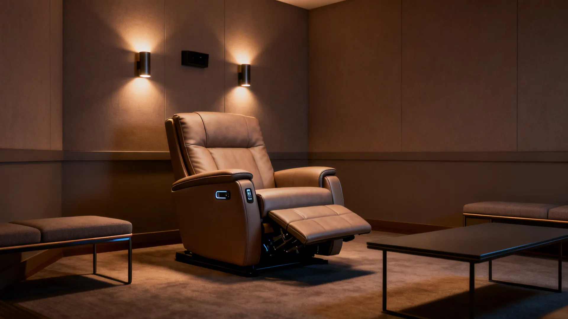Modern recliner-style chair in a compact media corner with slim companion seating and warm lighting.