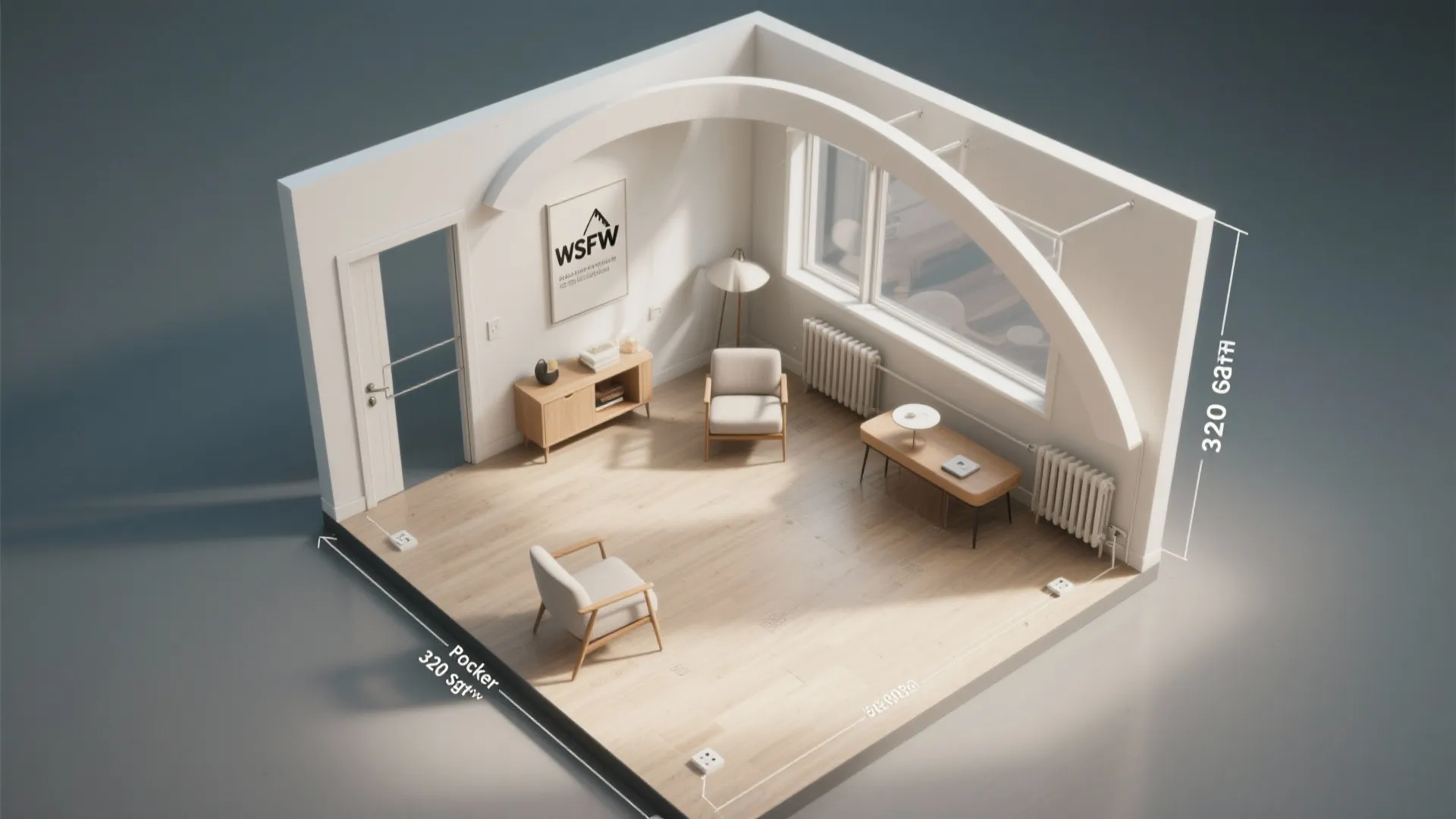 Top-down scaled studio layout with rocker footprint, circulation arcs, door swings, and placement constraints.