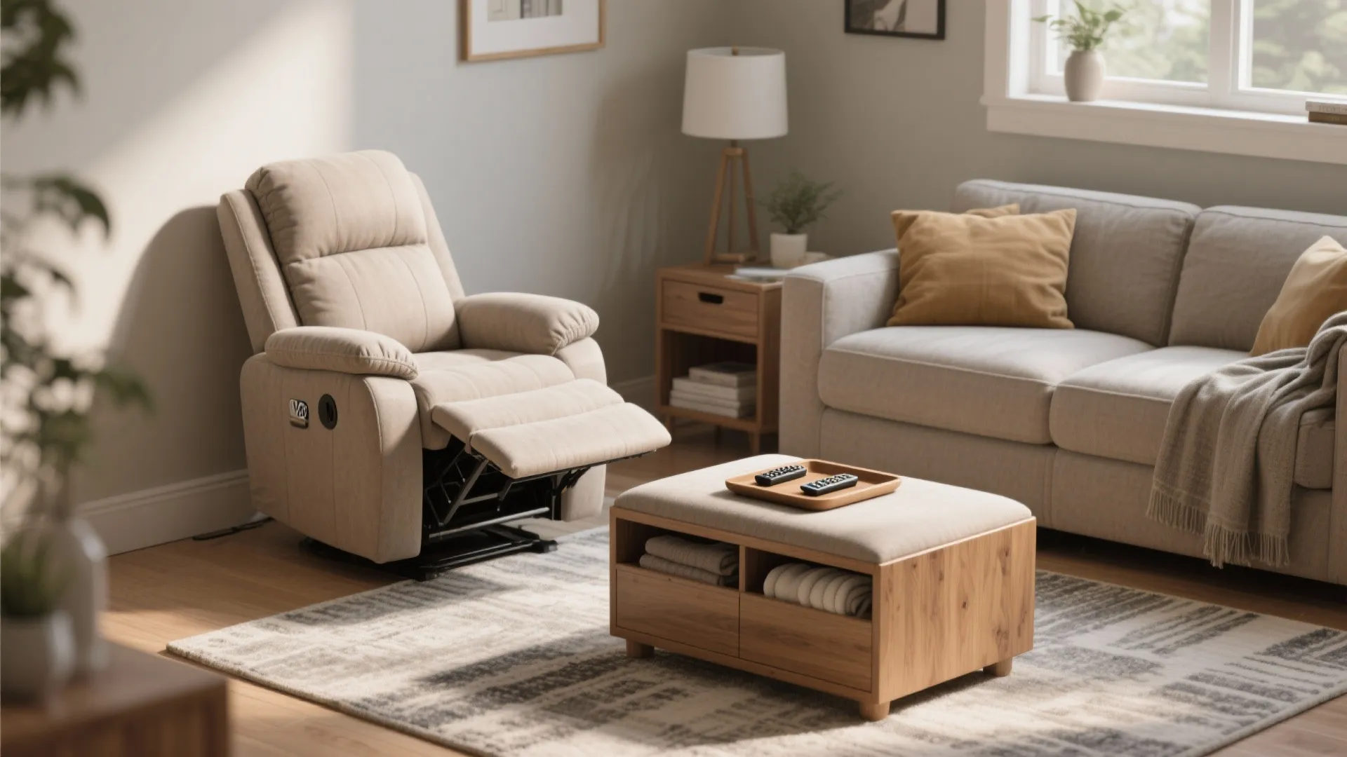 Compact small recliner for living room paired with a storage ottoman, tidy and cozy on a unified rug.
