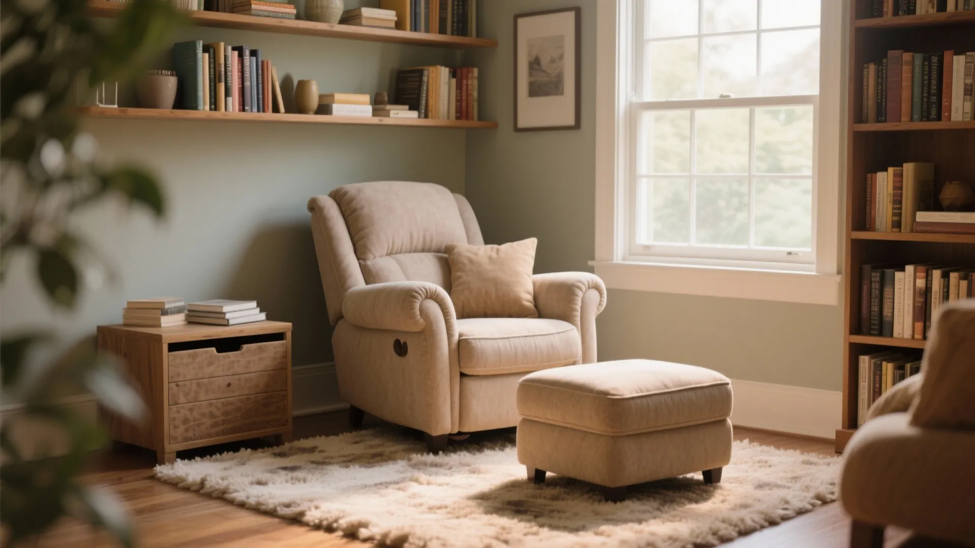 Reading nook featuring plush recliner with ottoman