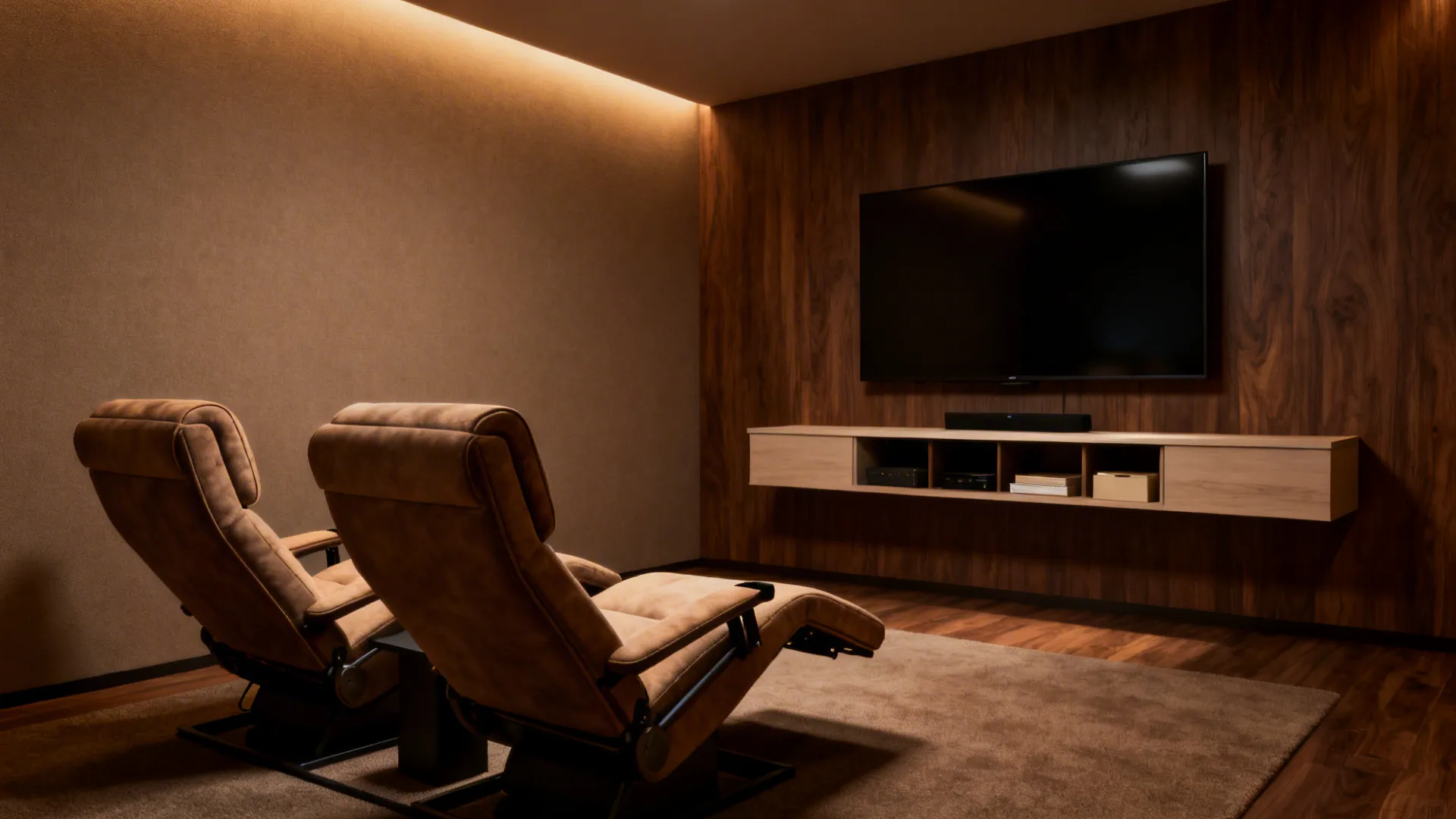 Pair of recliner chairs facing a floating TV cabinet, showing freed floor space and cozy media setup.