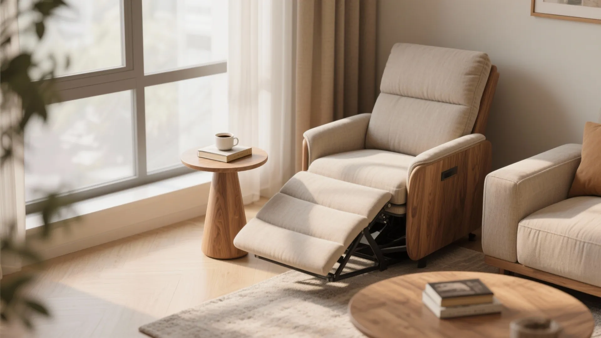 Cozy reading corner with an adjustable fabric chair small wooden table and sunlight from window
