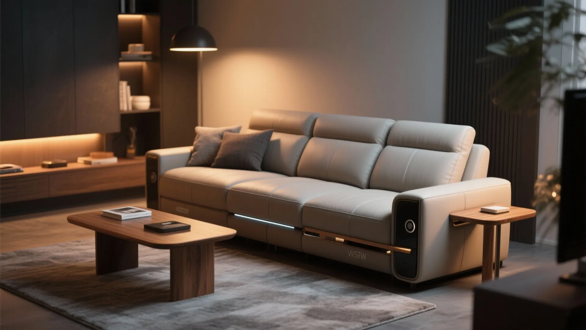 Recliner sofa with built-in wooden side table in modern living room