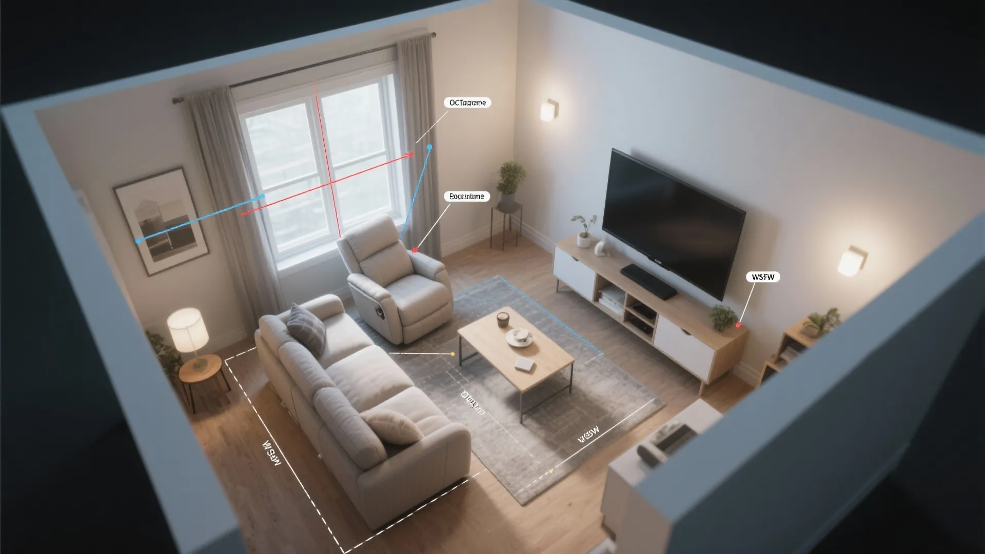 Interior design drawing showing living room layout with sofa recliner TV cabinet and window measurement lines