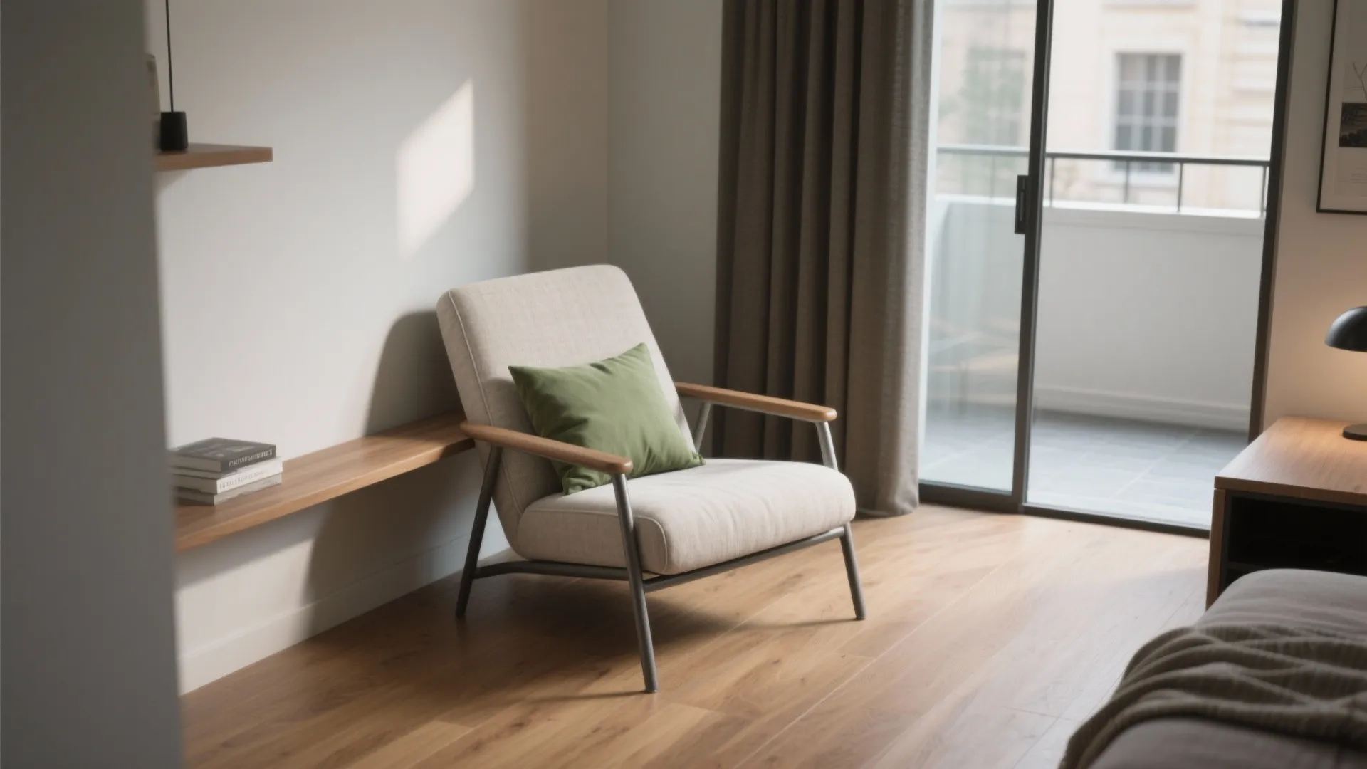Beige armchair with green pillow placed on wood floor next to a glass balcony door