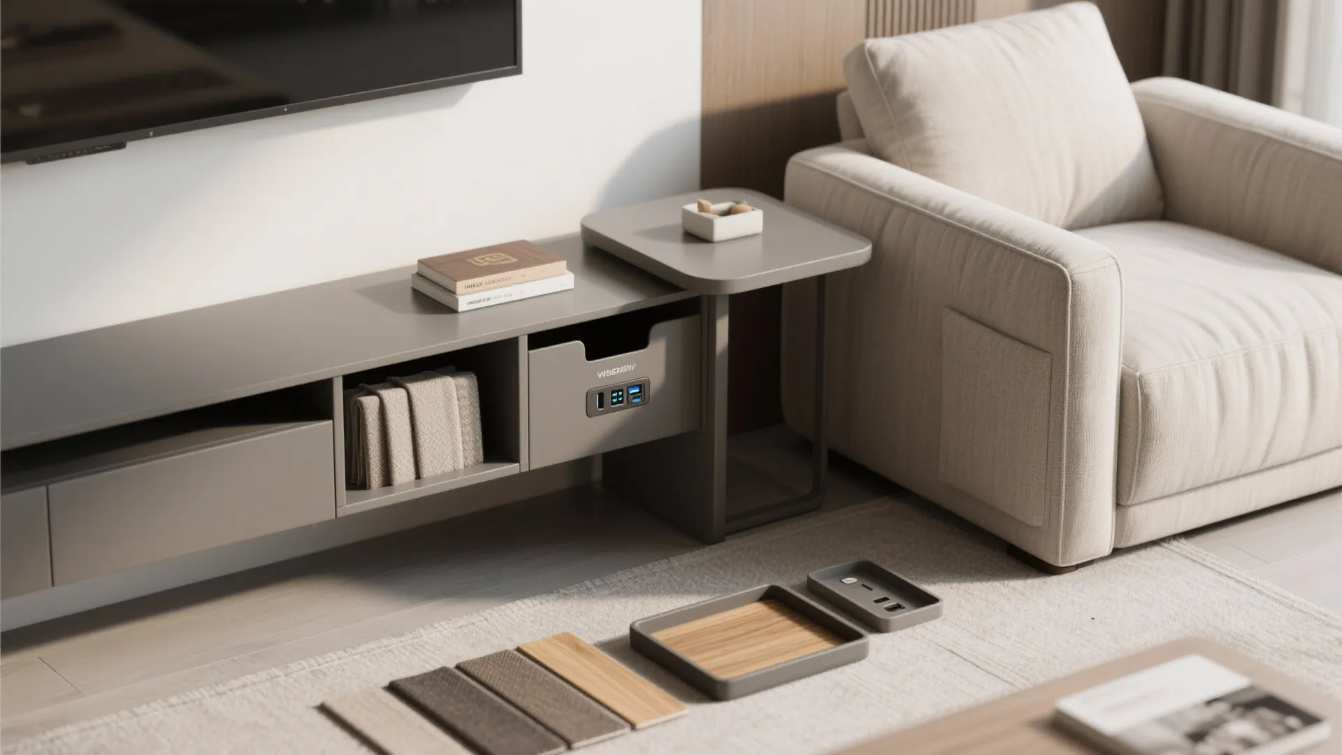 Modern grey cabinet with storage compartments and charging ports next to a beige fabric sofa