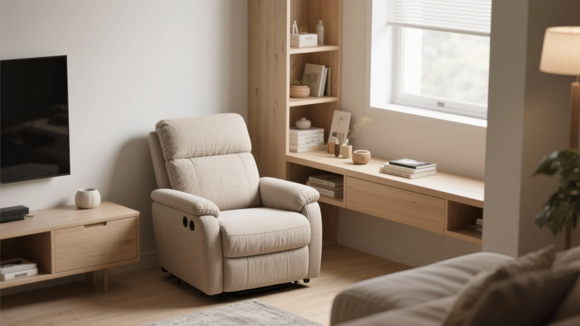 Small cream sofa chair placed next to a wooden shelf and TV cabinet in bright living room