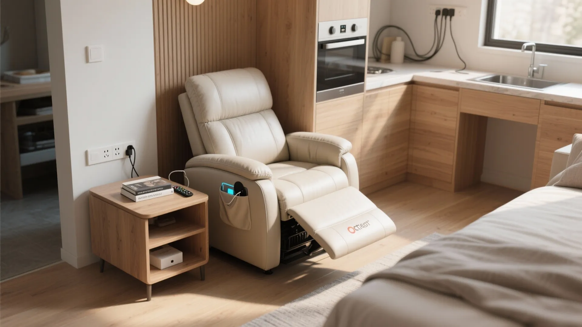 Light leather recliner chair with side pocket storage next to wooden nightstand and kitchen corner