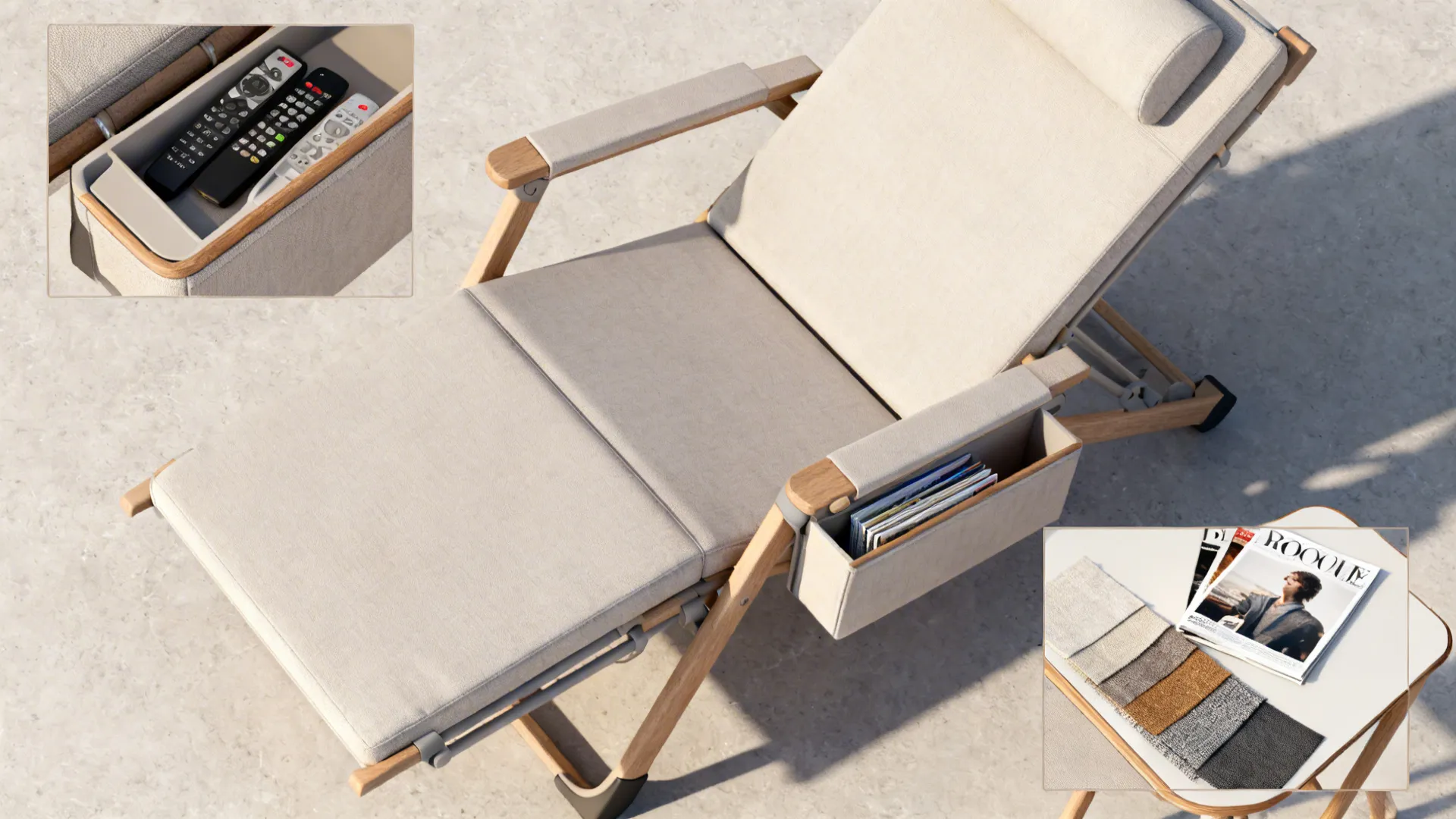 Compact reclining lounge chair with a built-in storage arm and a removable caddy beside it.