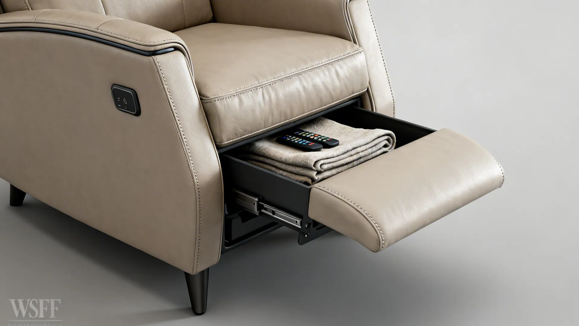 Close-up of a slim recliner revealing a discreet under-seat storage compartment with a folded throw.