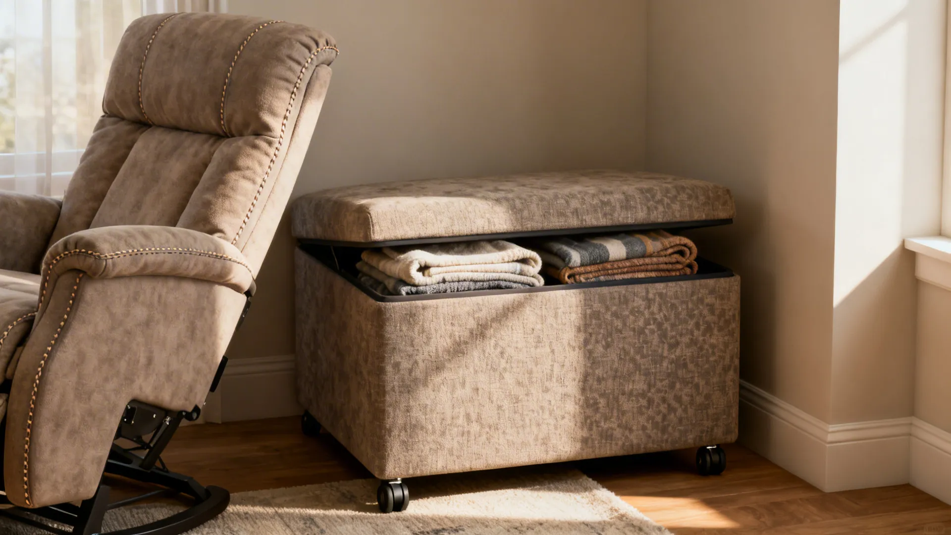 Compact recliner-style chair with a storage ottoman in a tidy small living room corner.