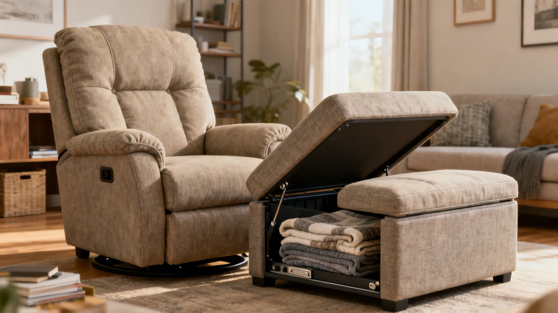 Compact recliner-style accent chair with a lift-top storage ottoman in a small living room