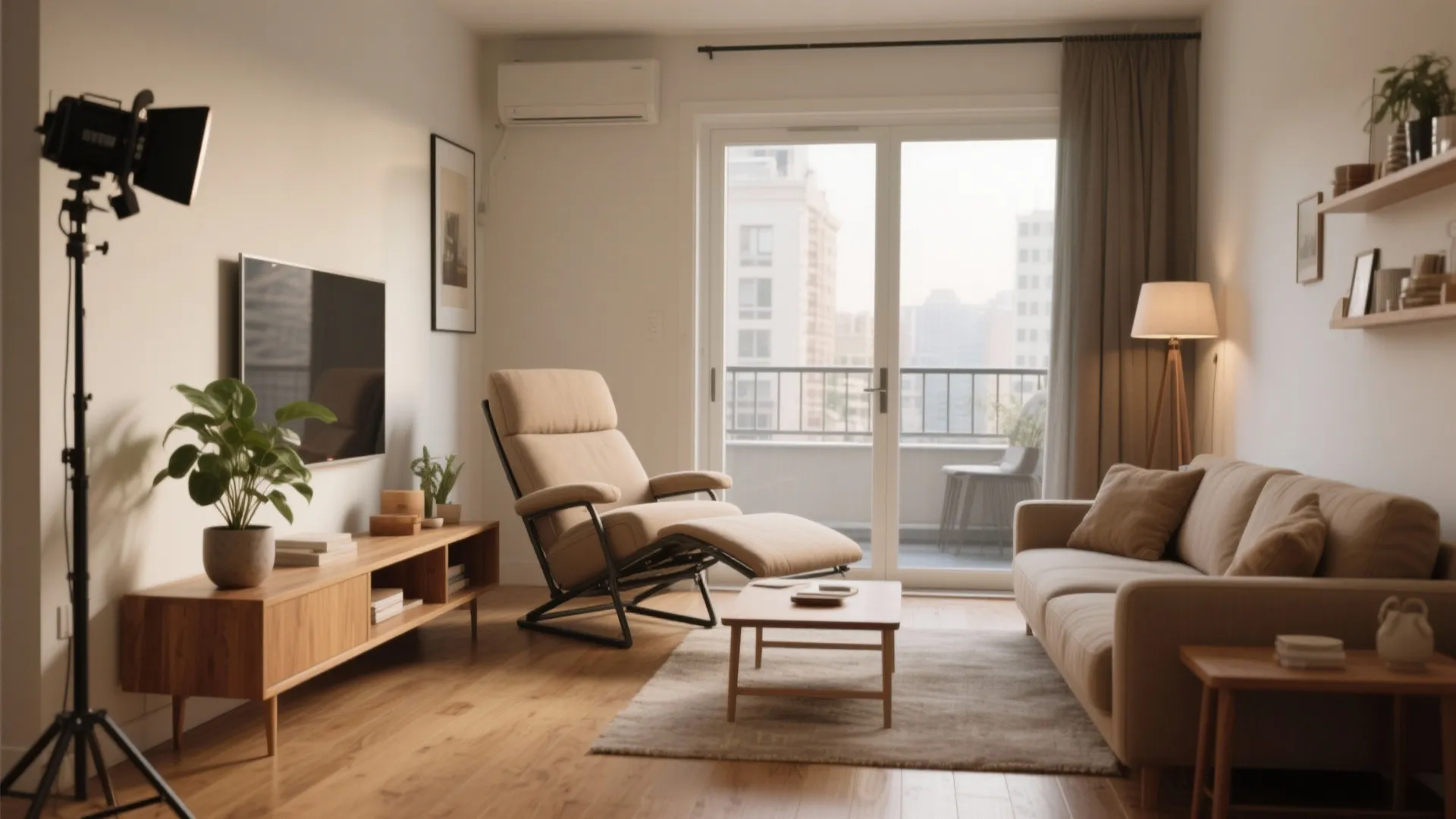 Modern living room with tan sofa comfortable reclining chair wooden floor and natural window light