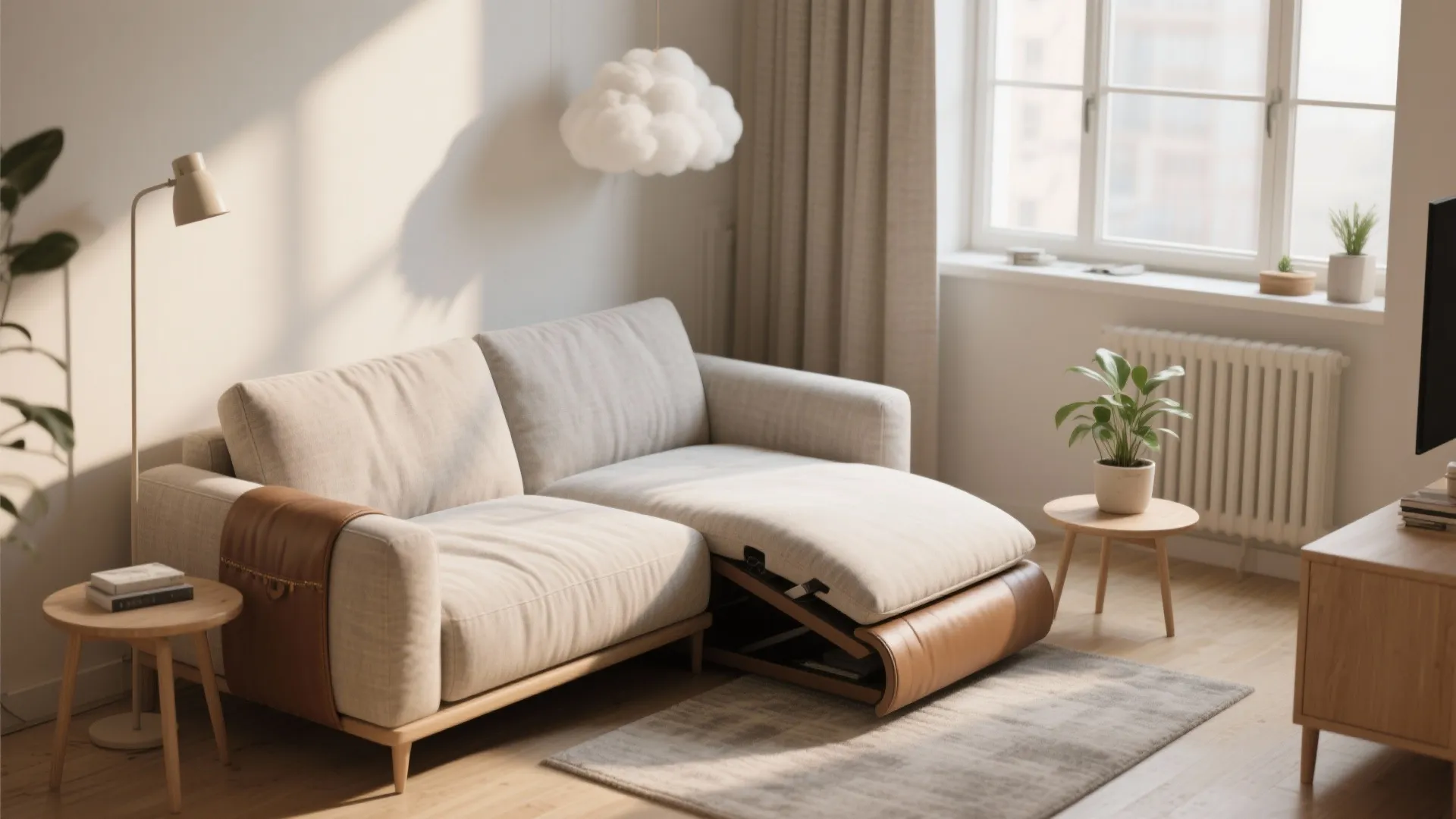 Modern beige sofa with extended footrest in a bright living room with a cloud light