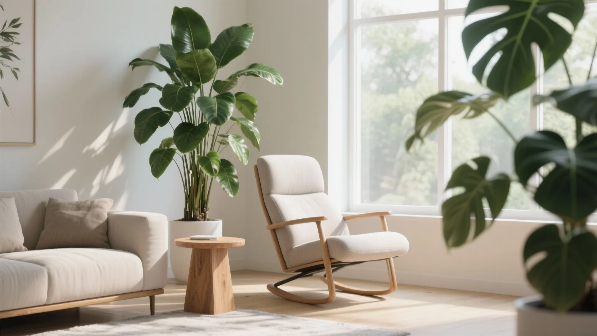 Light grey rocking chair next to a tall green plant and a small wooden table