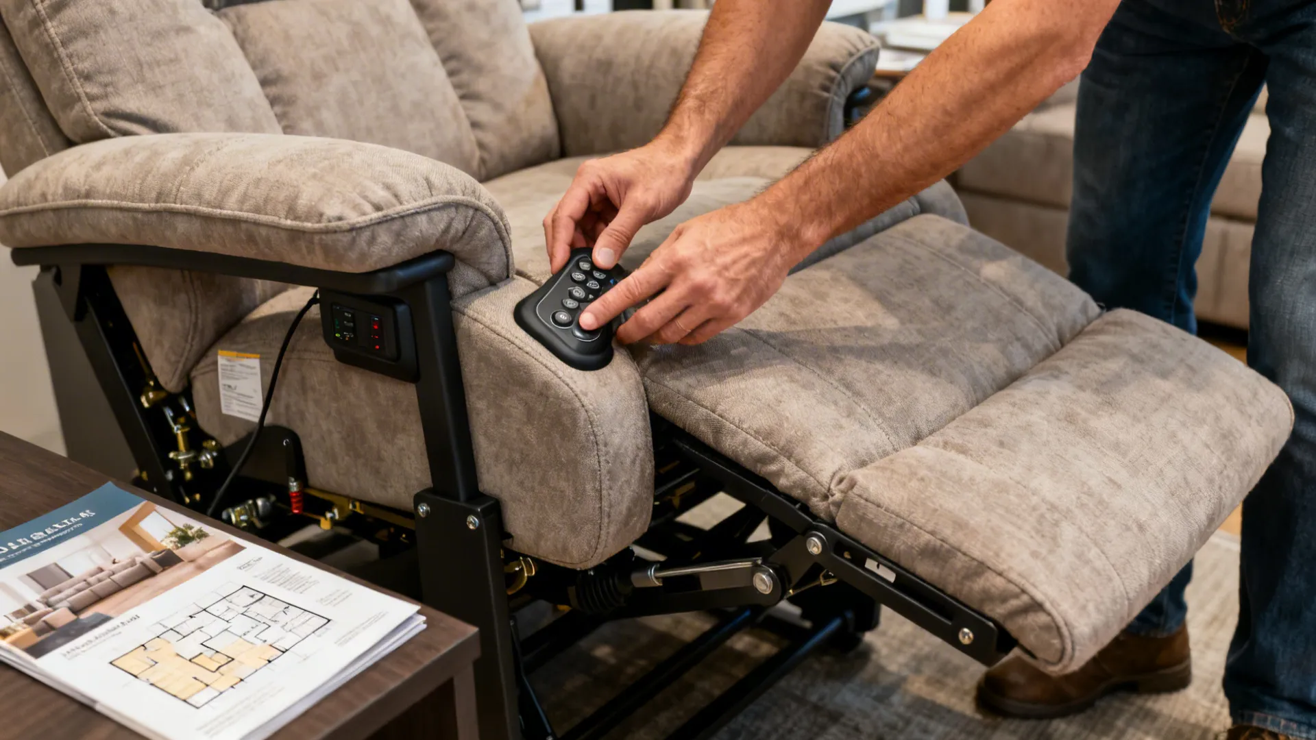 Person testing manual and power recliner controls in a showroom with fabric samples and floorplans.