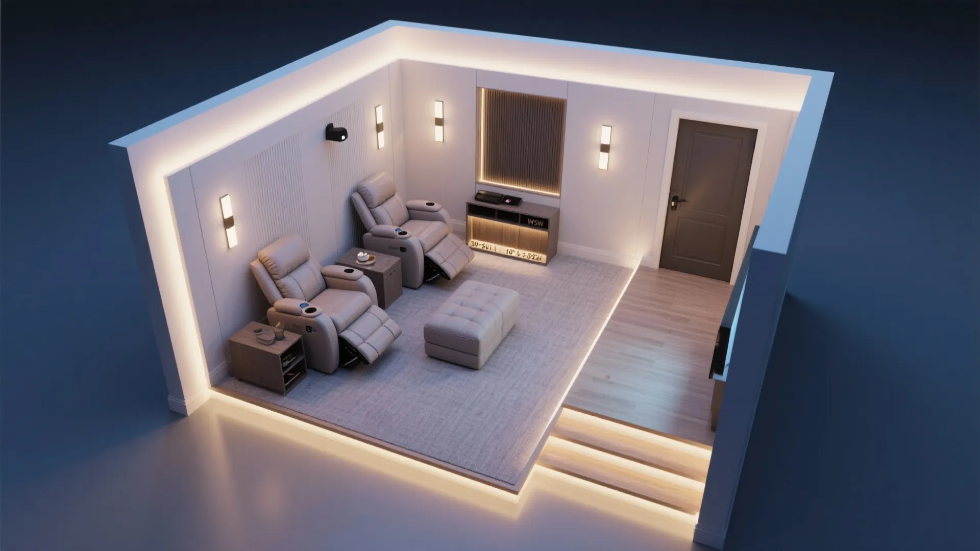 Top-down layout of wall-hugging recliners with clear aisle and recline paths in a small room.