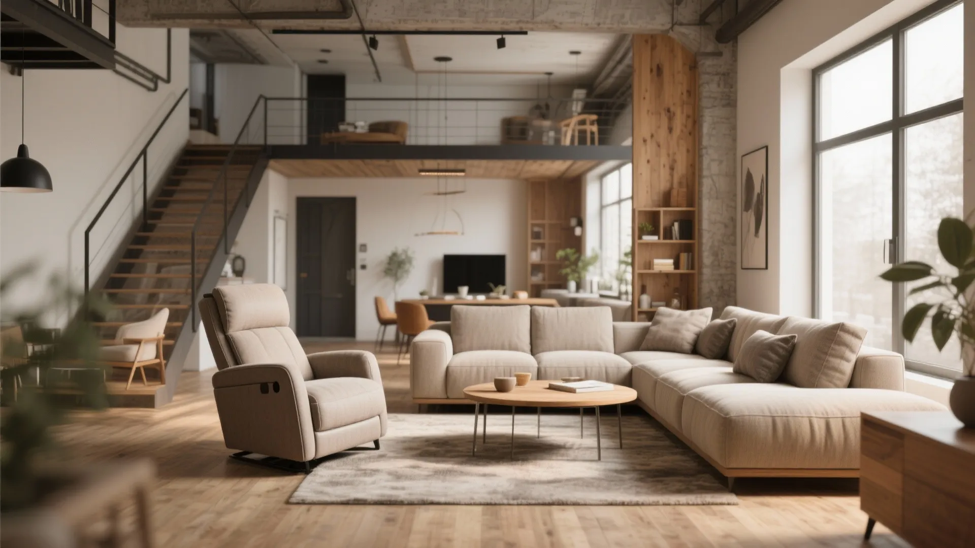 Modern open plan living room with a beige sofa round wooden coffee table and staircase