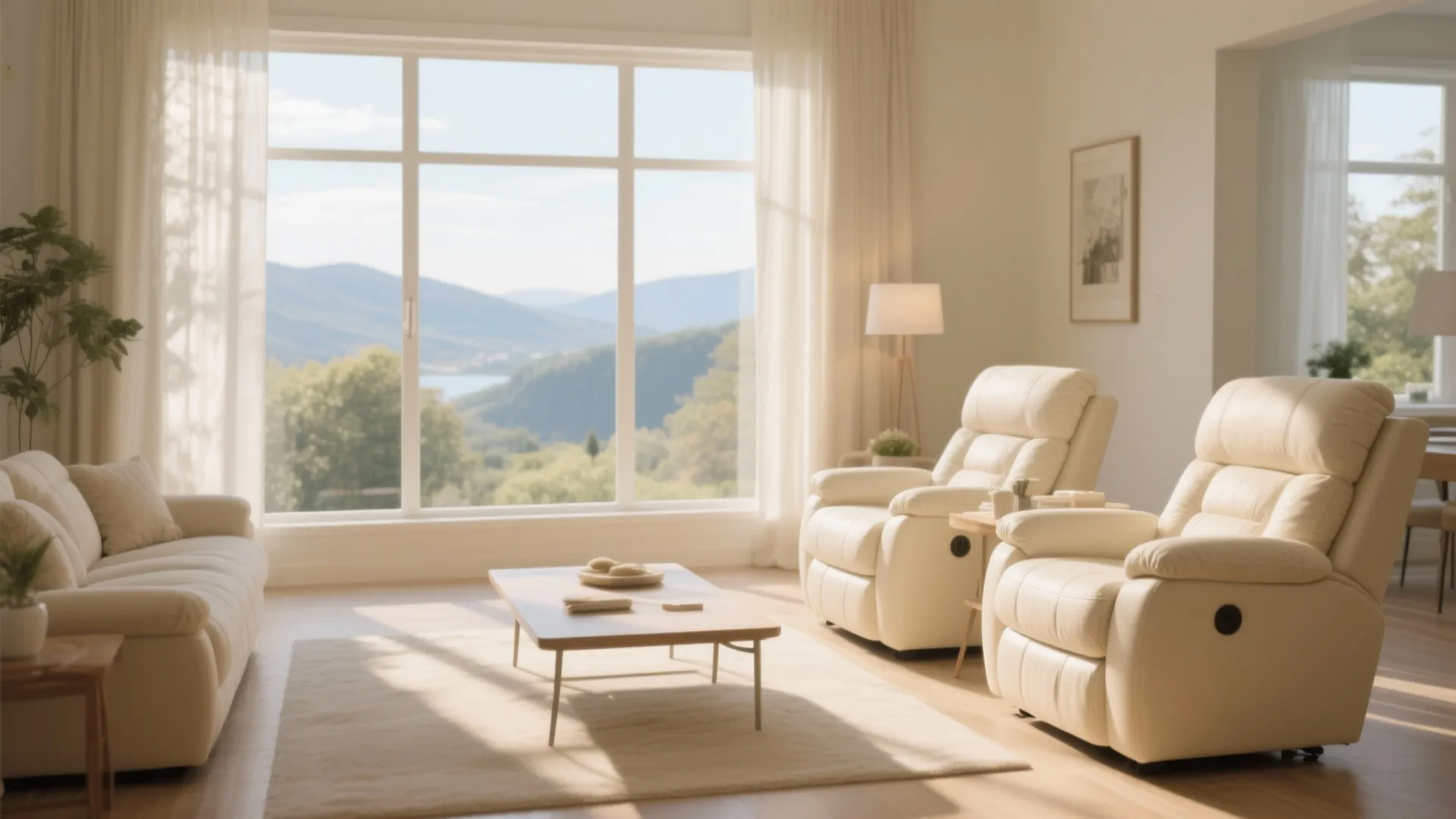 Cream recliners facing a large scenic window view