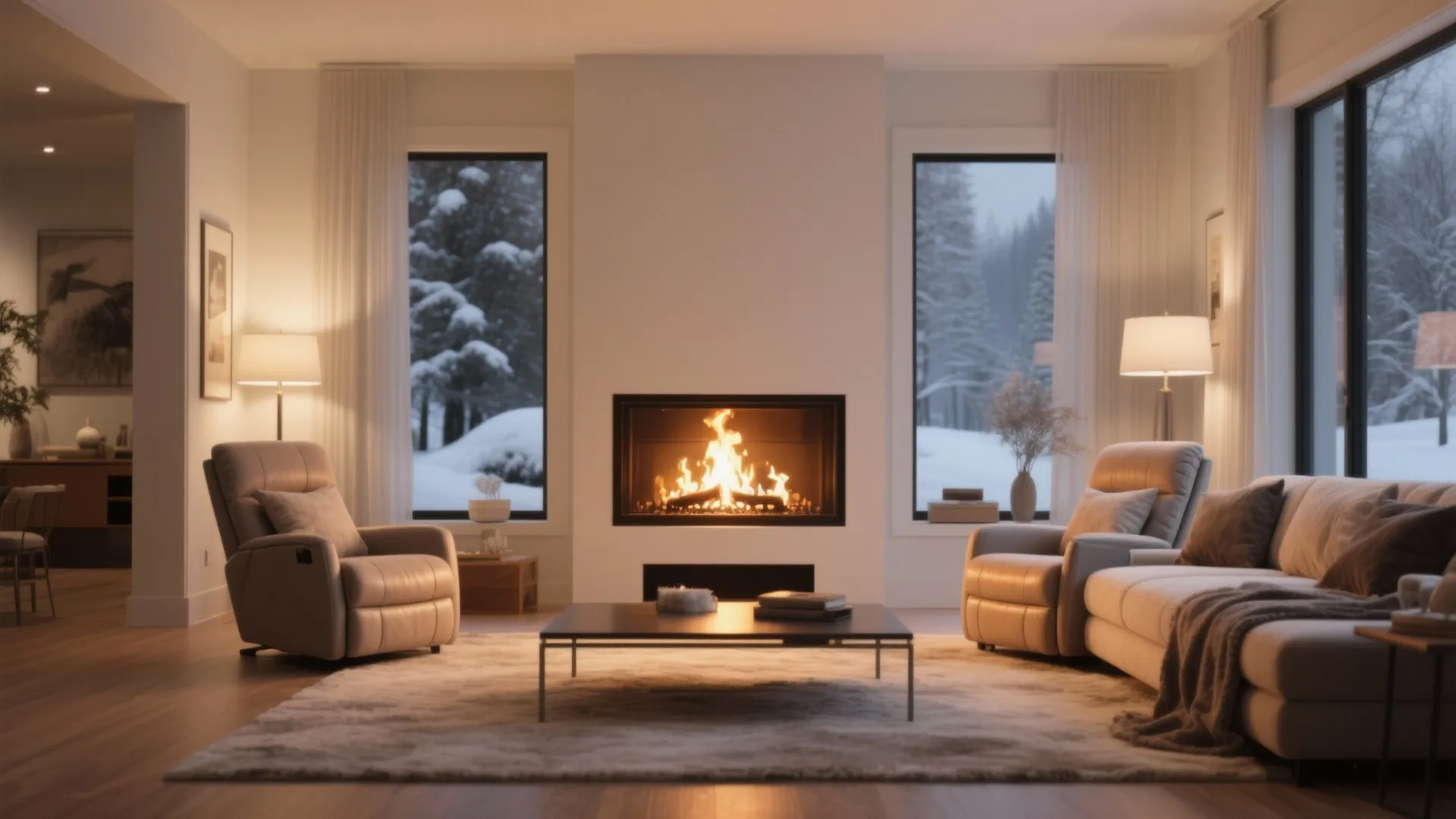 Warm living room with fire in fireplace, two beige sofas, coffee table, and snowy forest views
